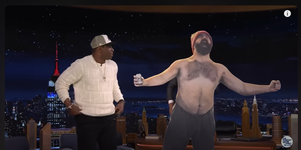 Deion Sanders delivers inspirational speech to Jason Kelce poster on `The Tonight Show