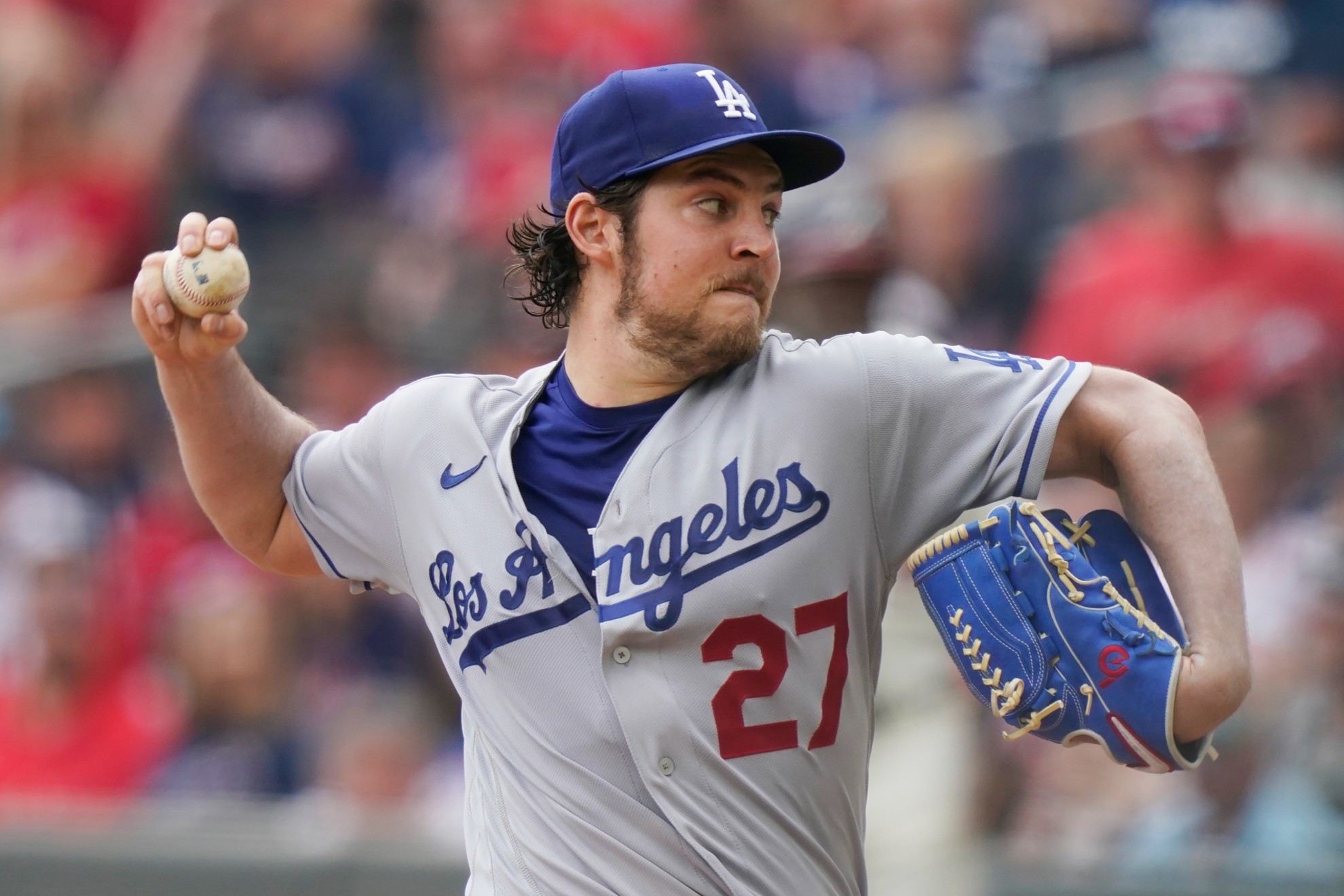 Los Angeles Dodgers starting pitcher Trevor Bauer delivers in the first inning of a baseball game.