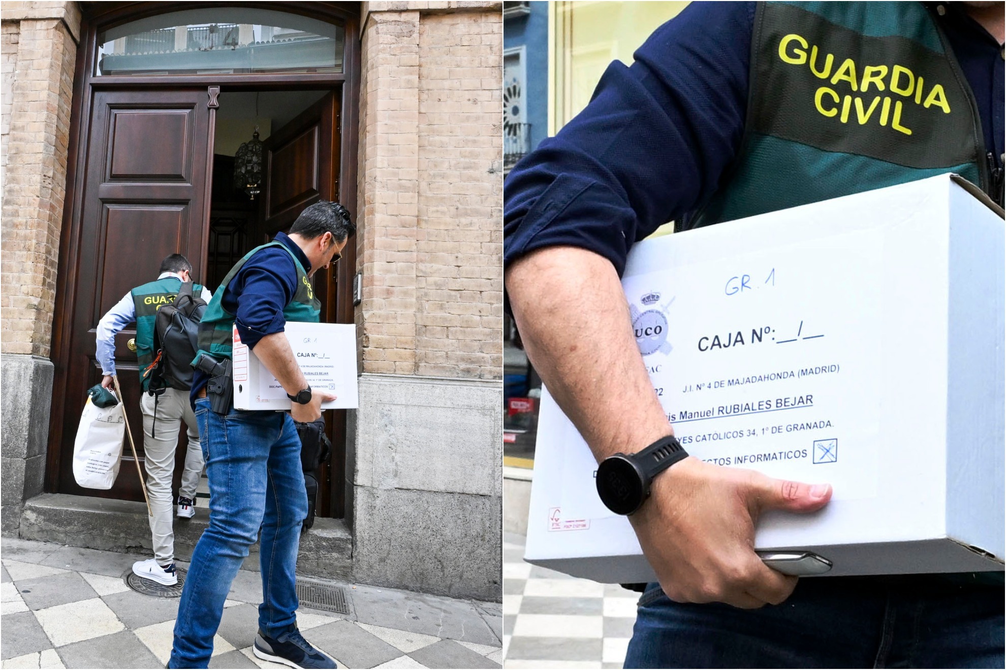 Los agentes de la Guardio Civil, saliendo de la casa de Luis Rubiales en Granada.