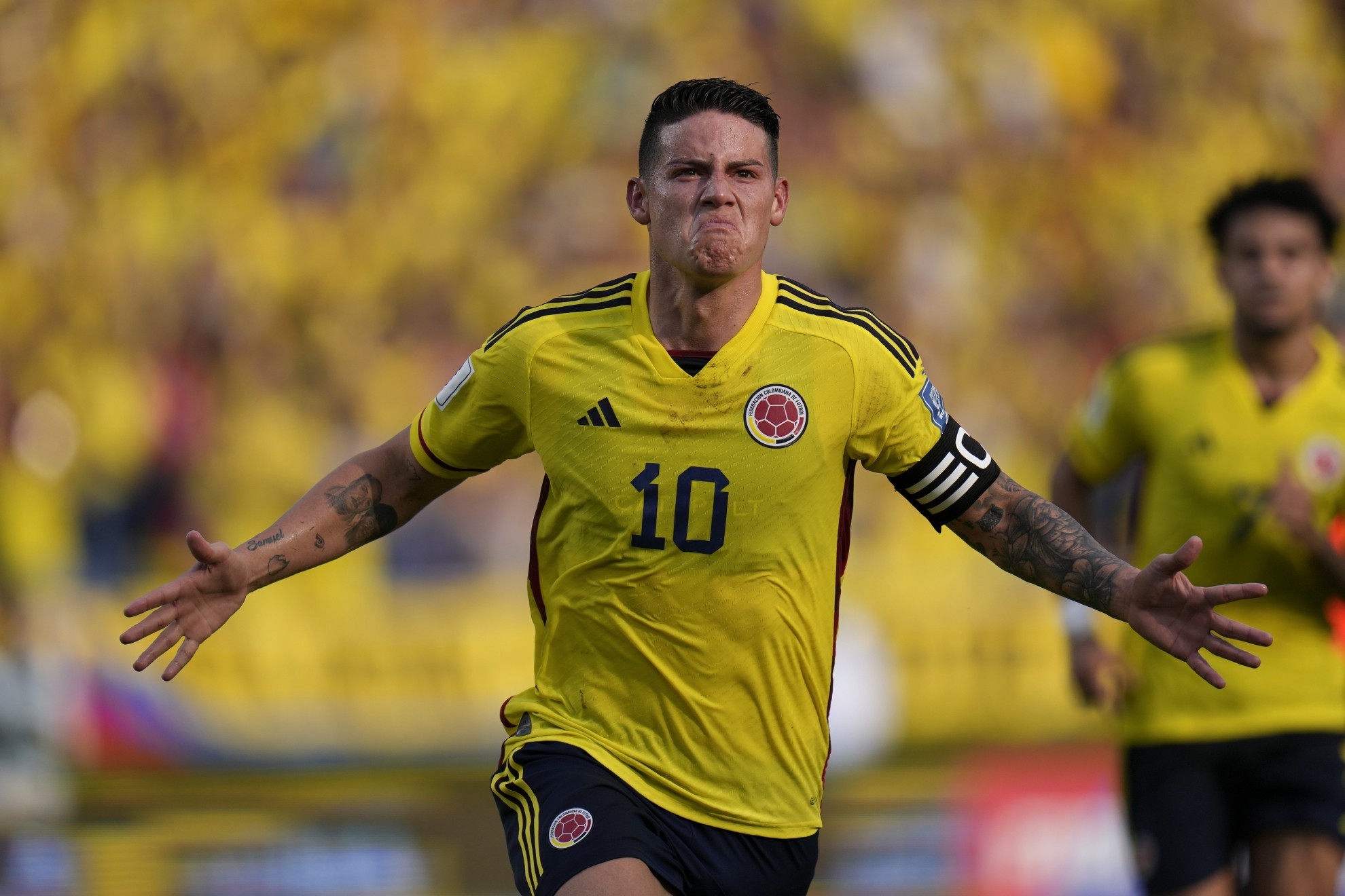 James, celebrando un gol logrado con Colombia ante Uruguay en un partido de clasificacin del Mundial 2026.