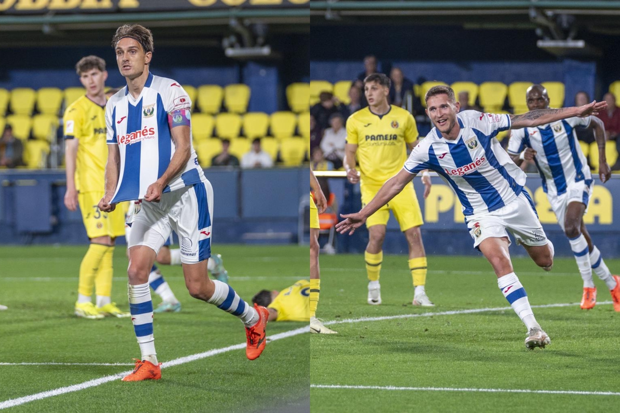 Sergio Gonzlez y Jorge Senz celebran los goles que marcaron al Villarreal.