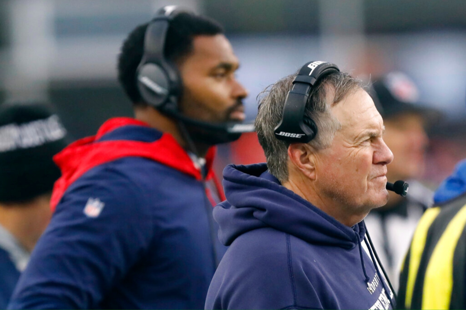 Bill Belichick, right, and Jerod Mayo at the game against the Jacksonville Jaguars in 2022.