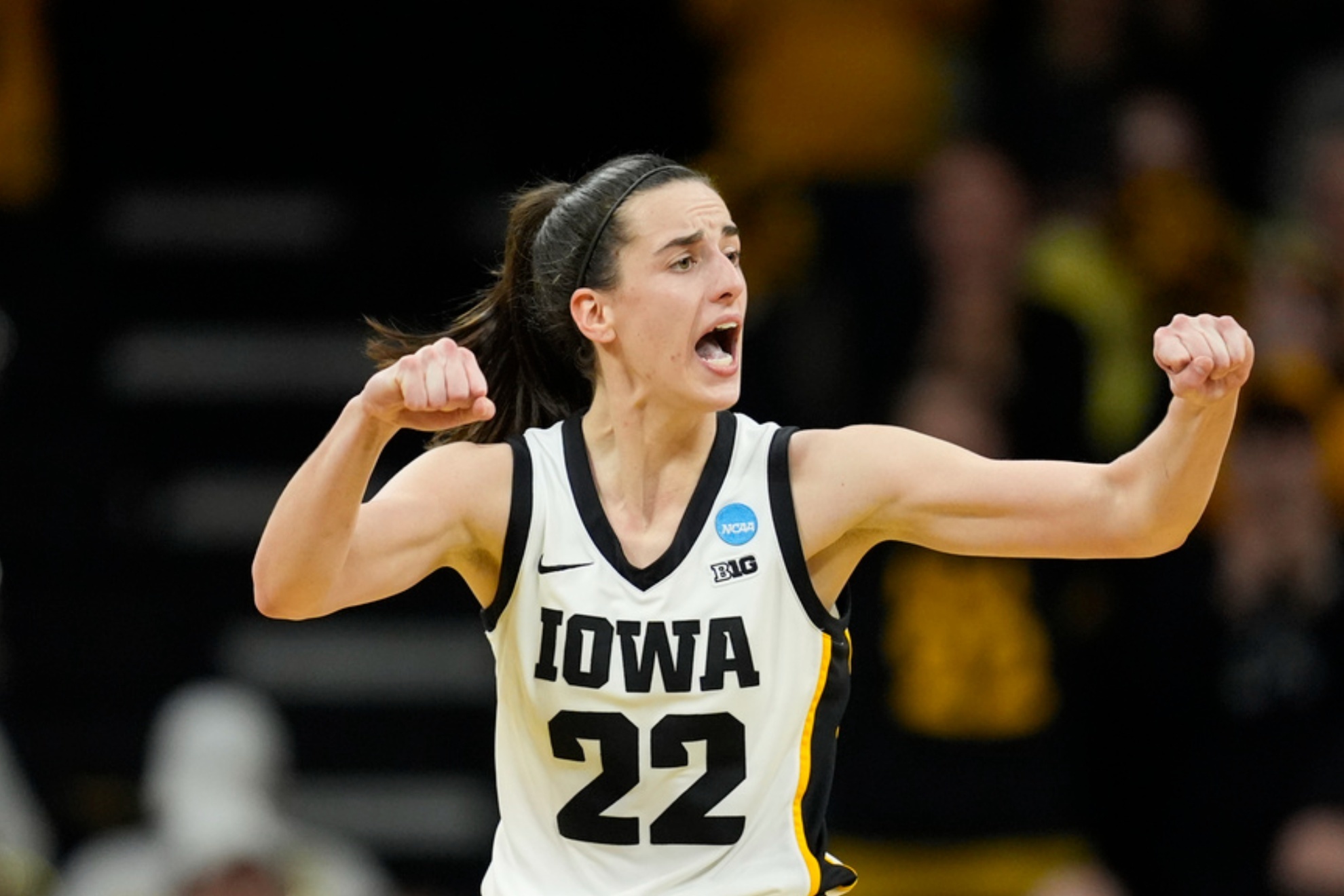 Caitlin Clark reacts during the game against West Virginia in the NCAA Tournament.