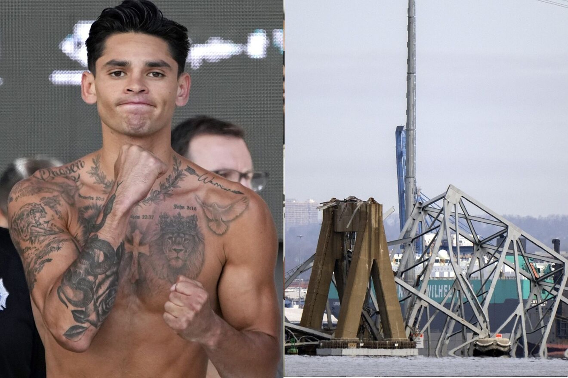Ryan Garcia (left) and an image of the collapse of the Francis Scott Key Bridge (right).