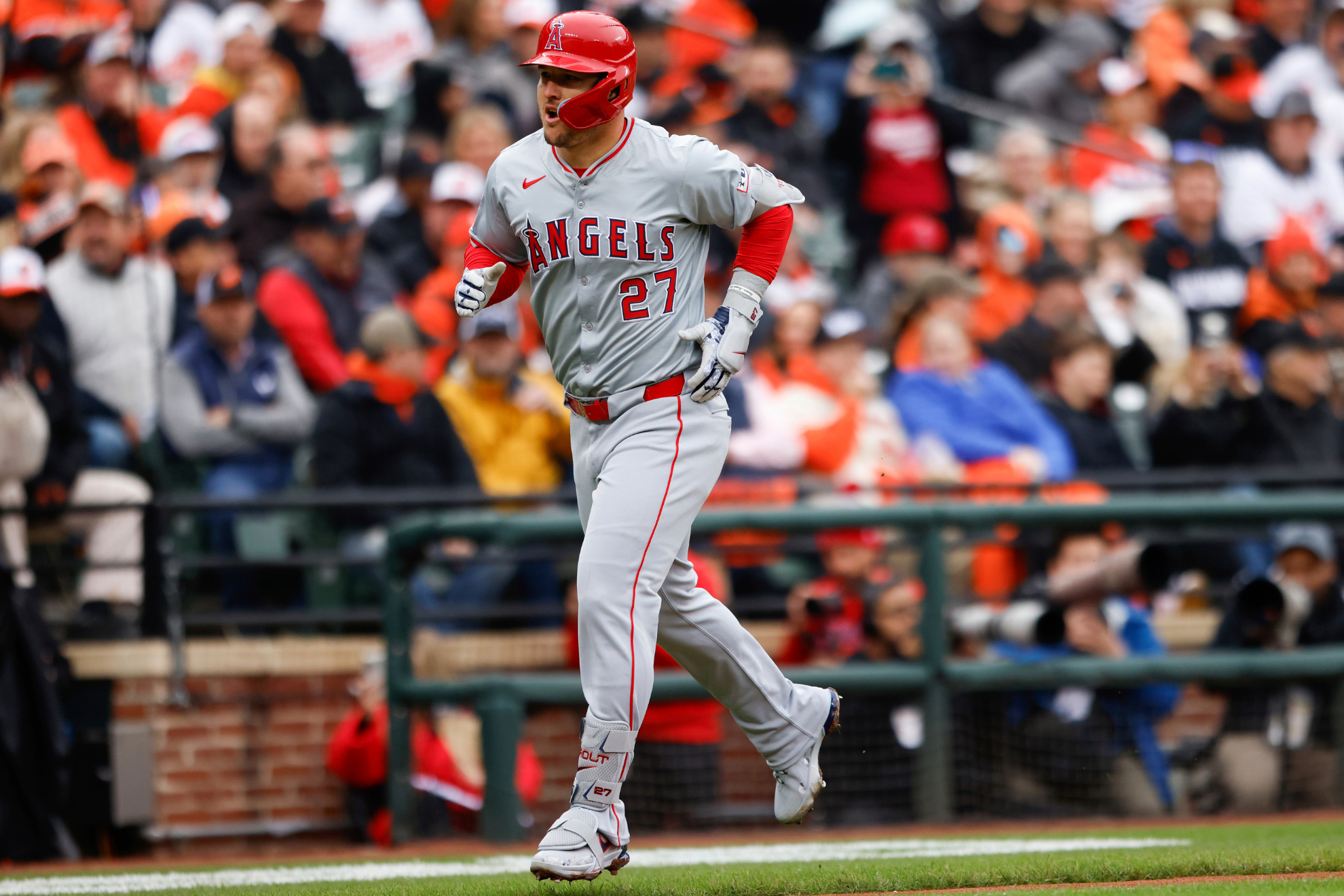 Trout rounds the bases following his Opening Day home run.