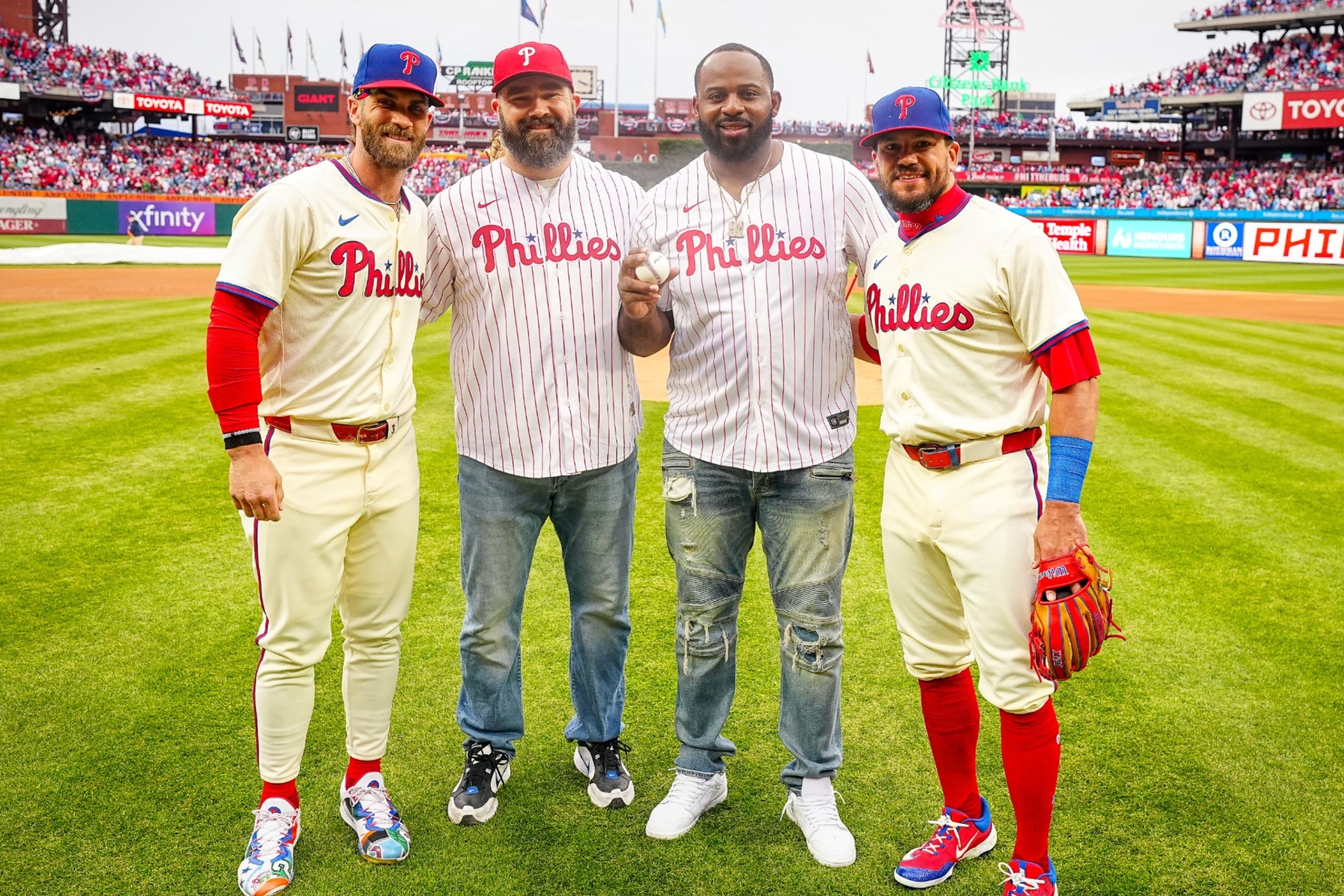 Jason Kelce and Fletcher Cox threw the first pitch at the Philadelphia Phillies game on Saturday