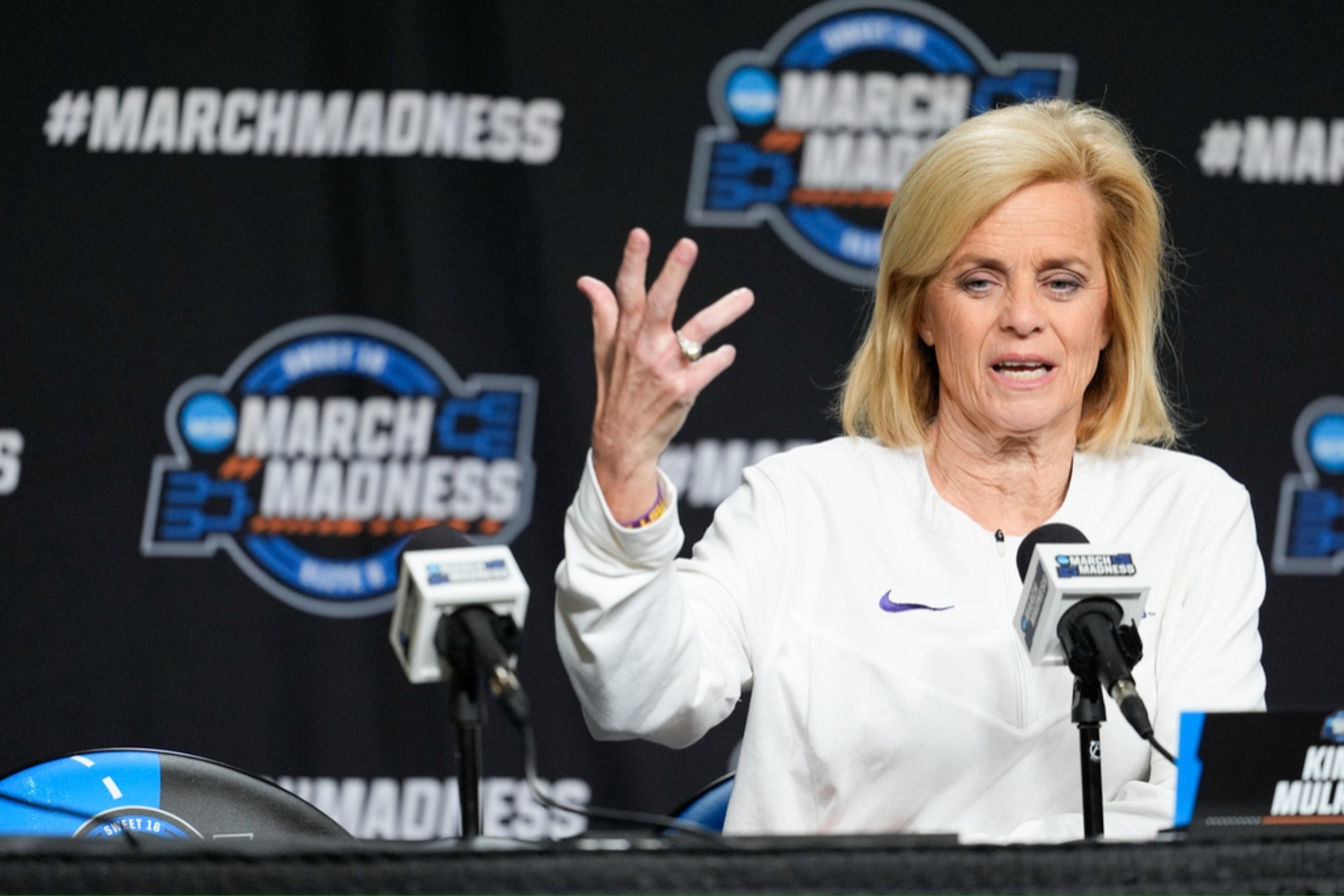 Coach Kim Mulkey during a news conference at the womens NCAA Tournament.