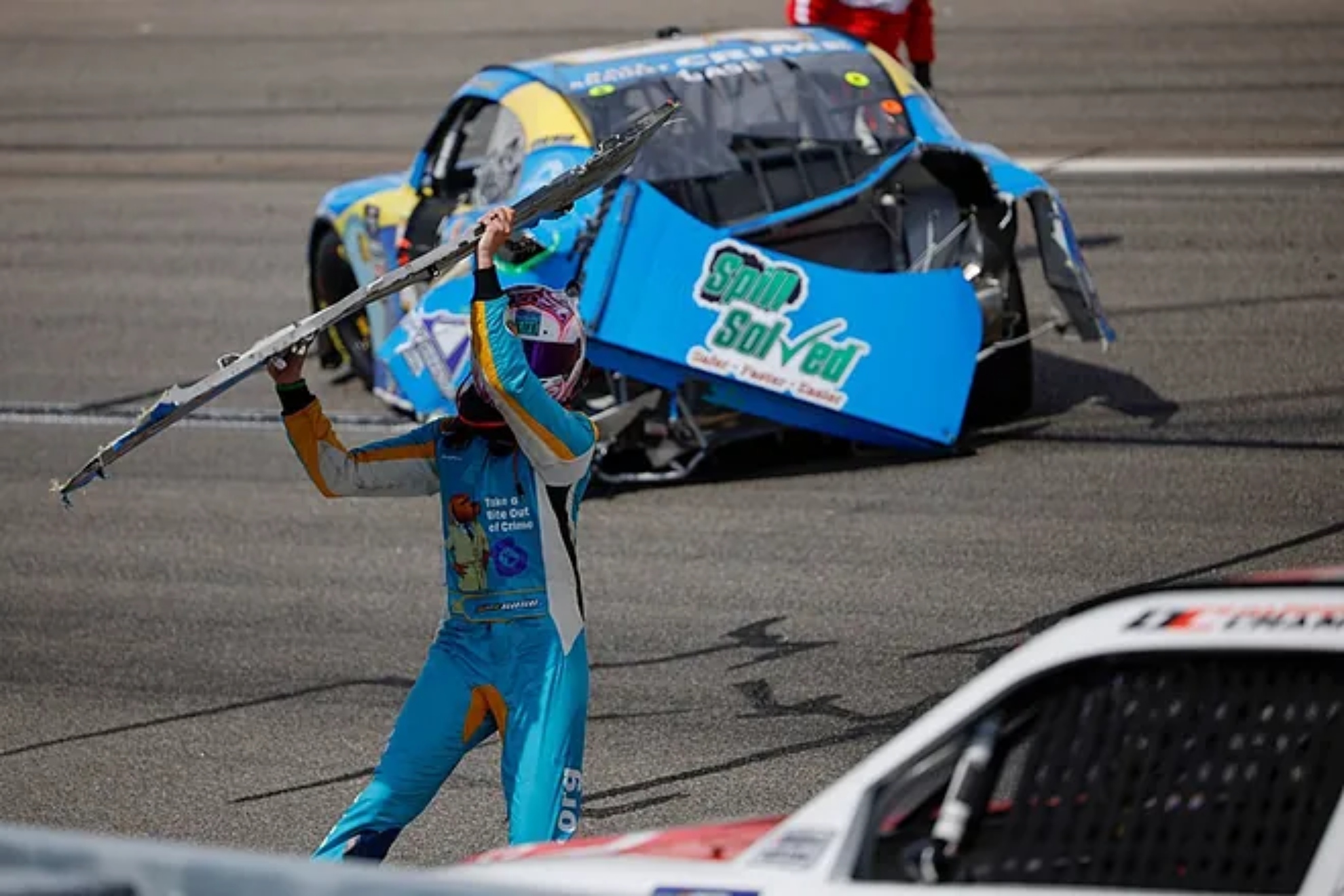 The aftermath of NASCAR driver Joey Gase after going berserk on Dawson Cram during Richmond race