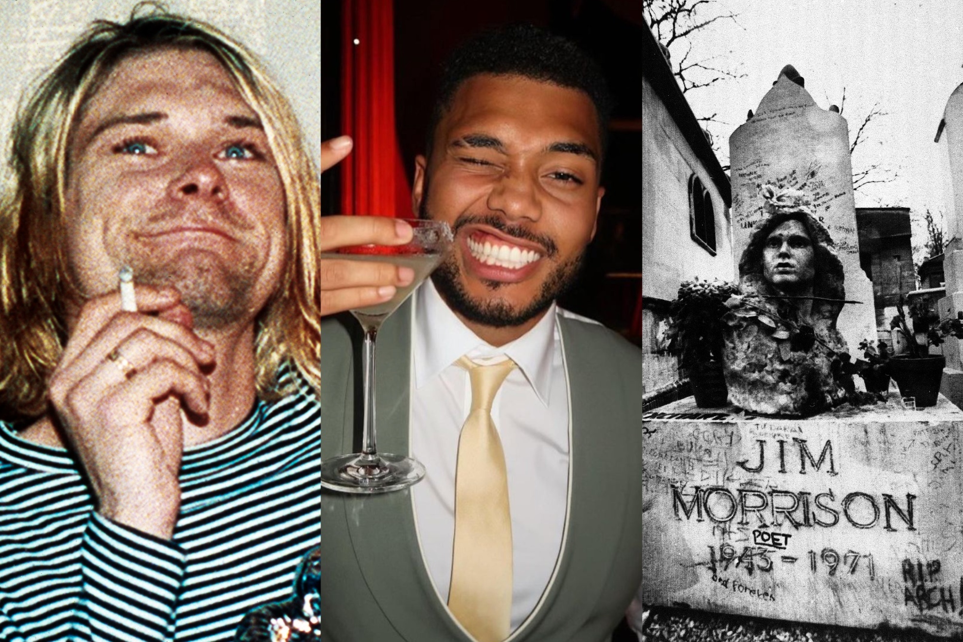 Mashup image of Kurt Cobain, Chance Perdomo and Jim Morrison