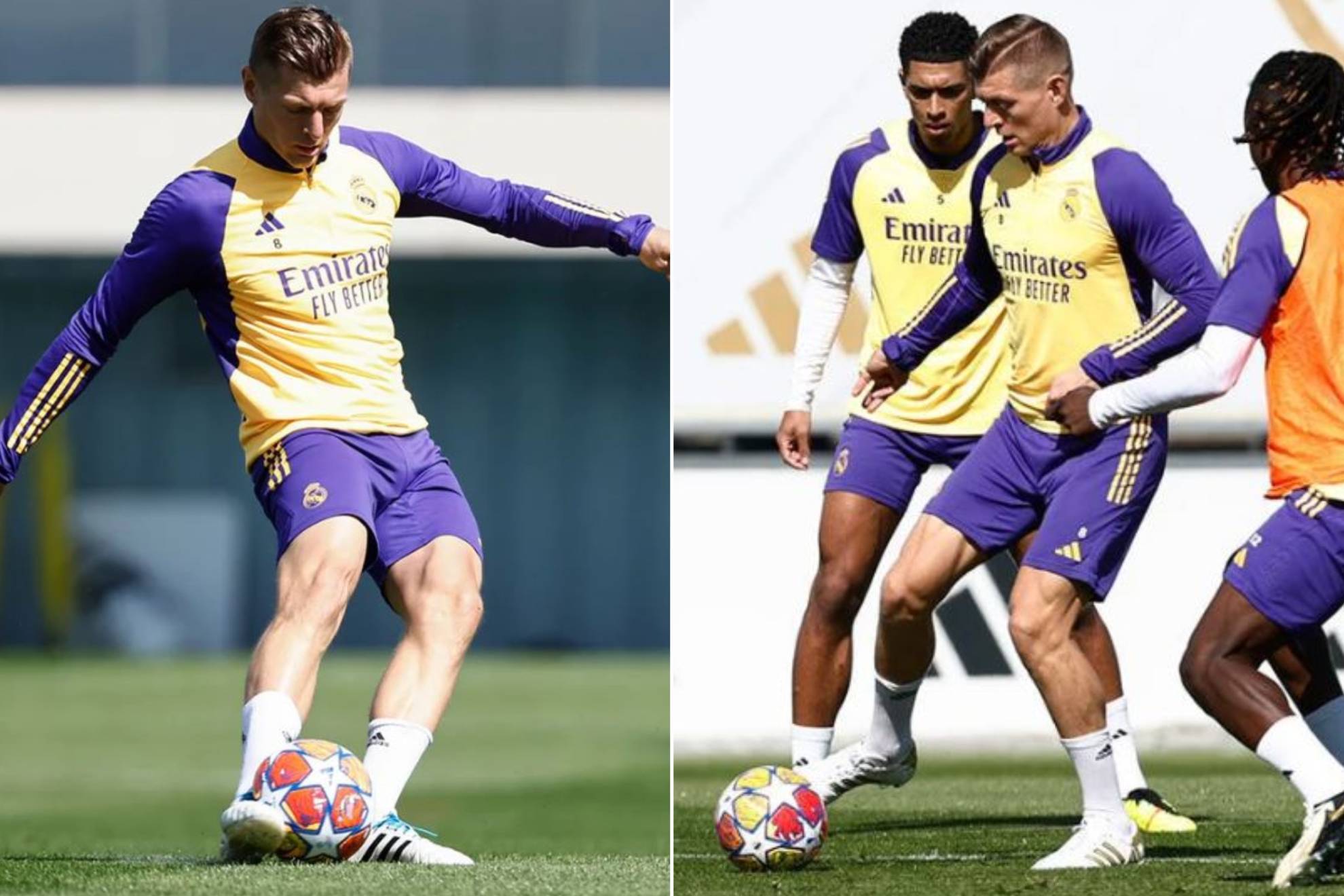 A la izquierda, Kroos con las botas de ayer y, a la derecha, con las que se ha entrenado hoy.