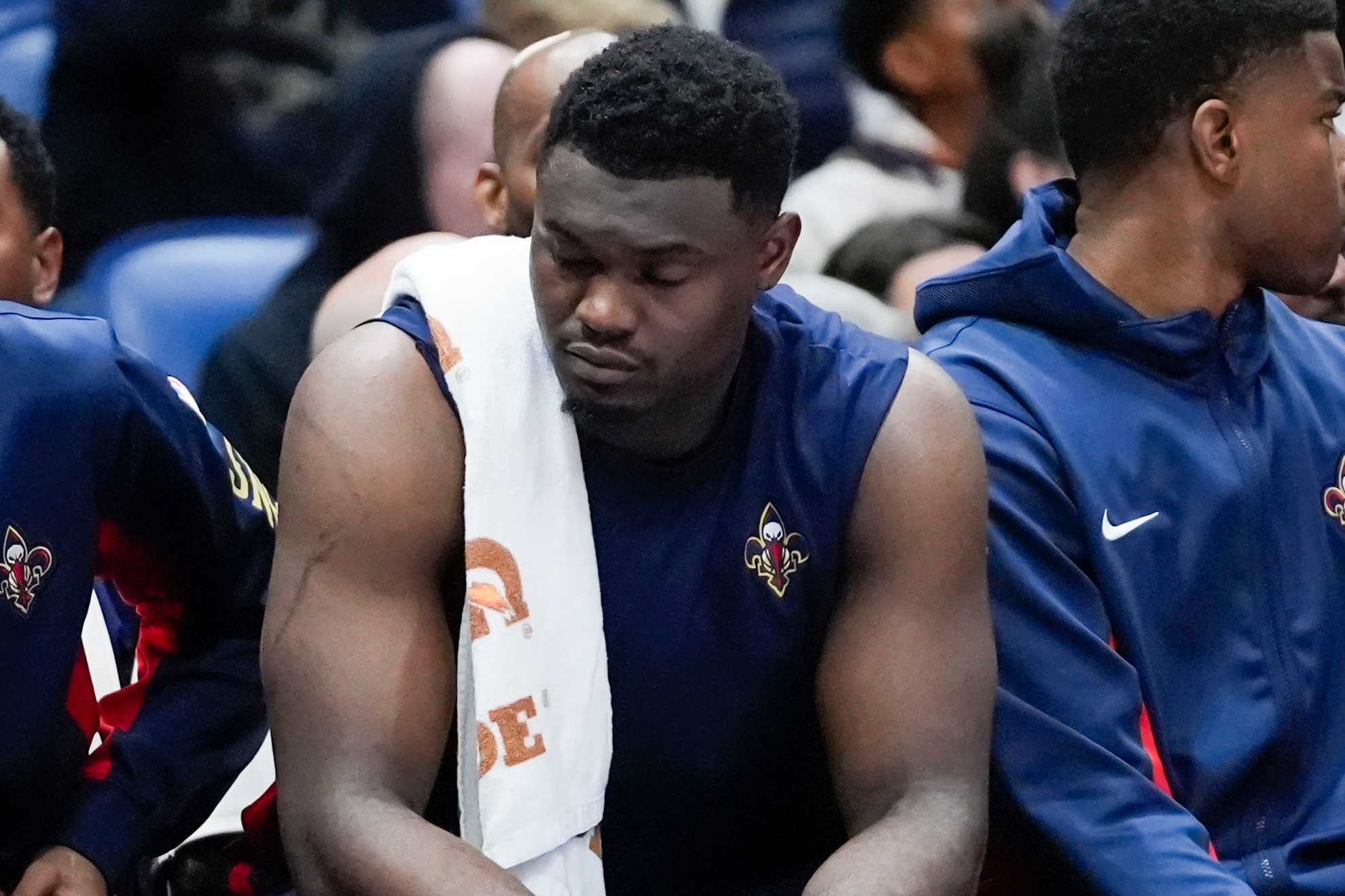 Zion Williamson on the bench in the second half of an NBA basketball game against the Orlando Magic in New Orleans