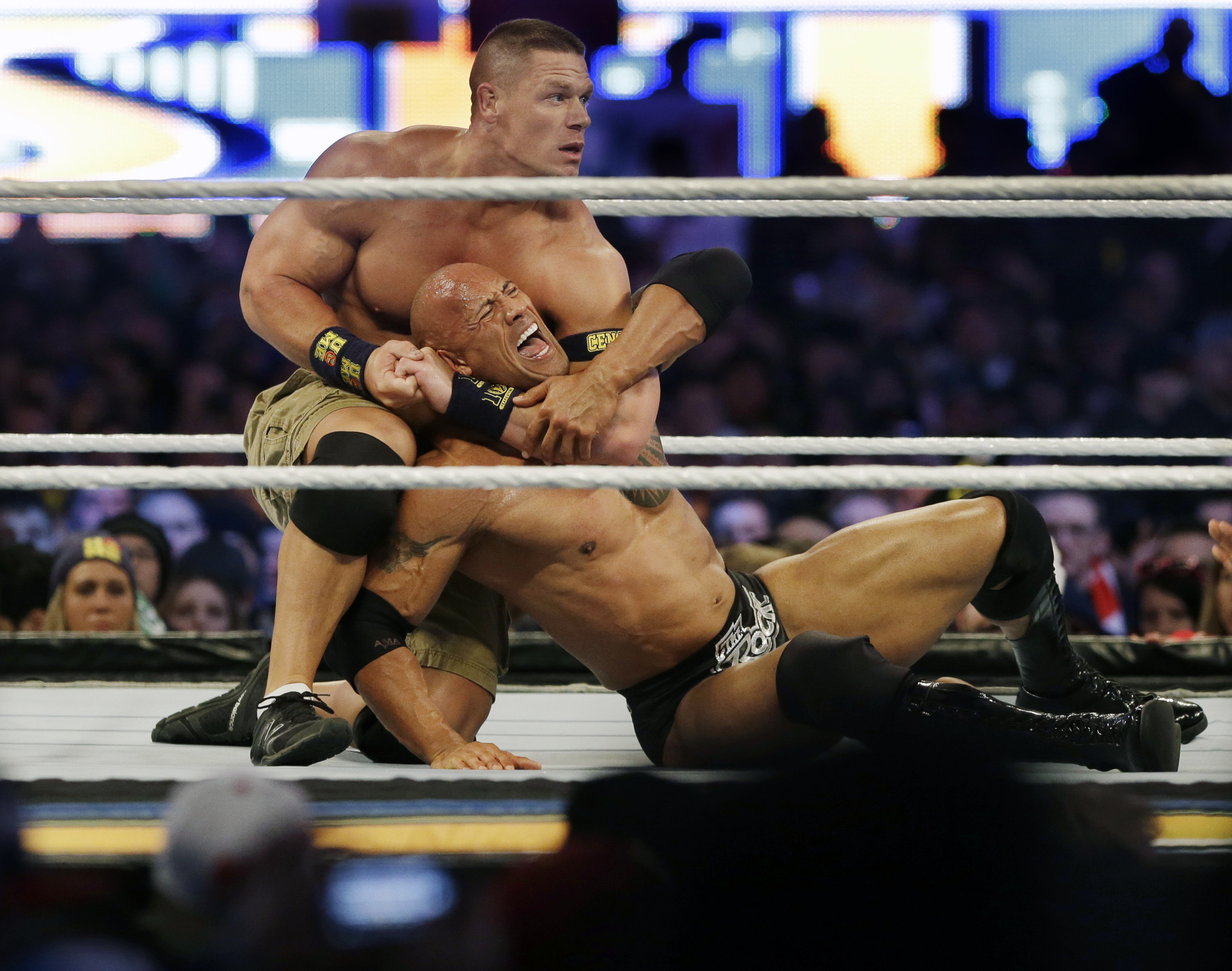 John Cena chokes The Rock at Wrestlemania