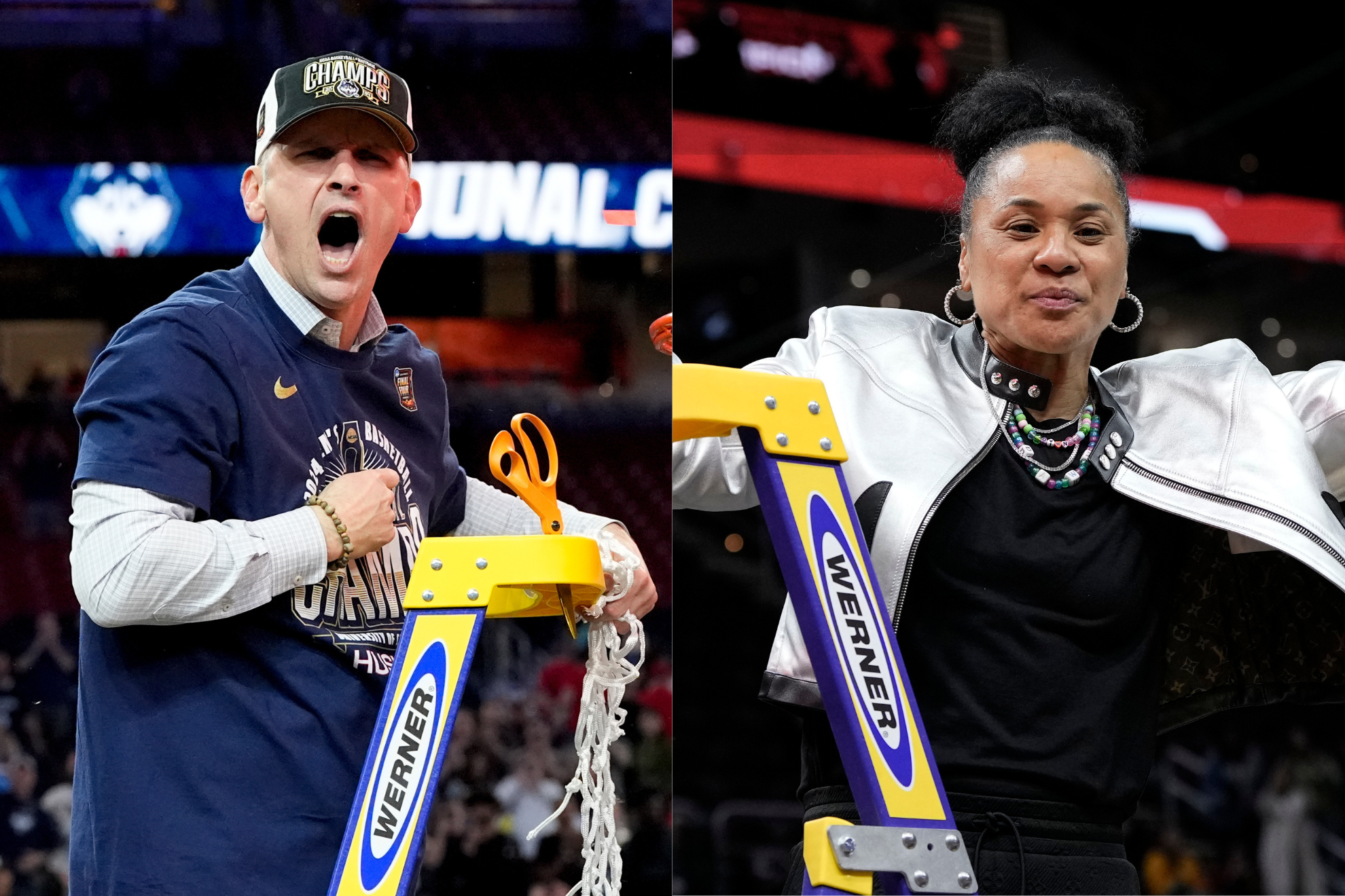 Dan Hurley and Dawn Staley cutting down the nets.