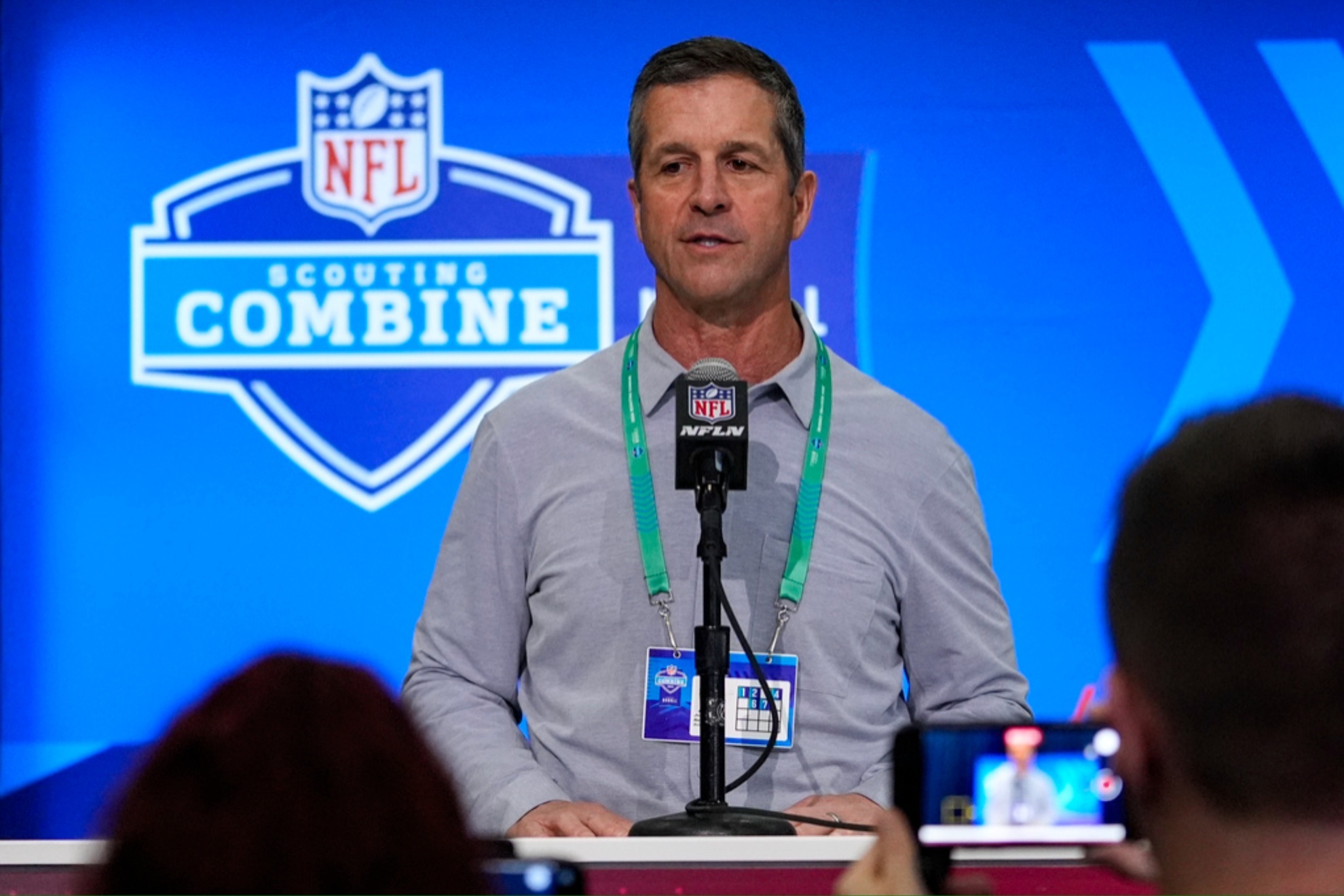 John Harbaugh speaks during a press conference at the NFL football scouting combine.