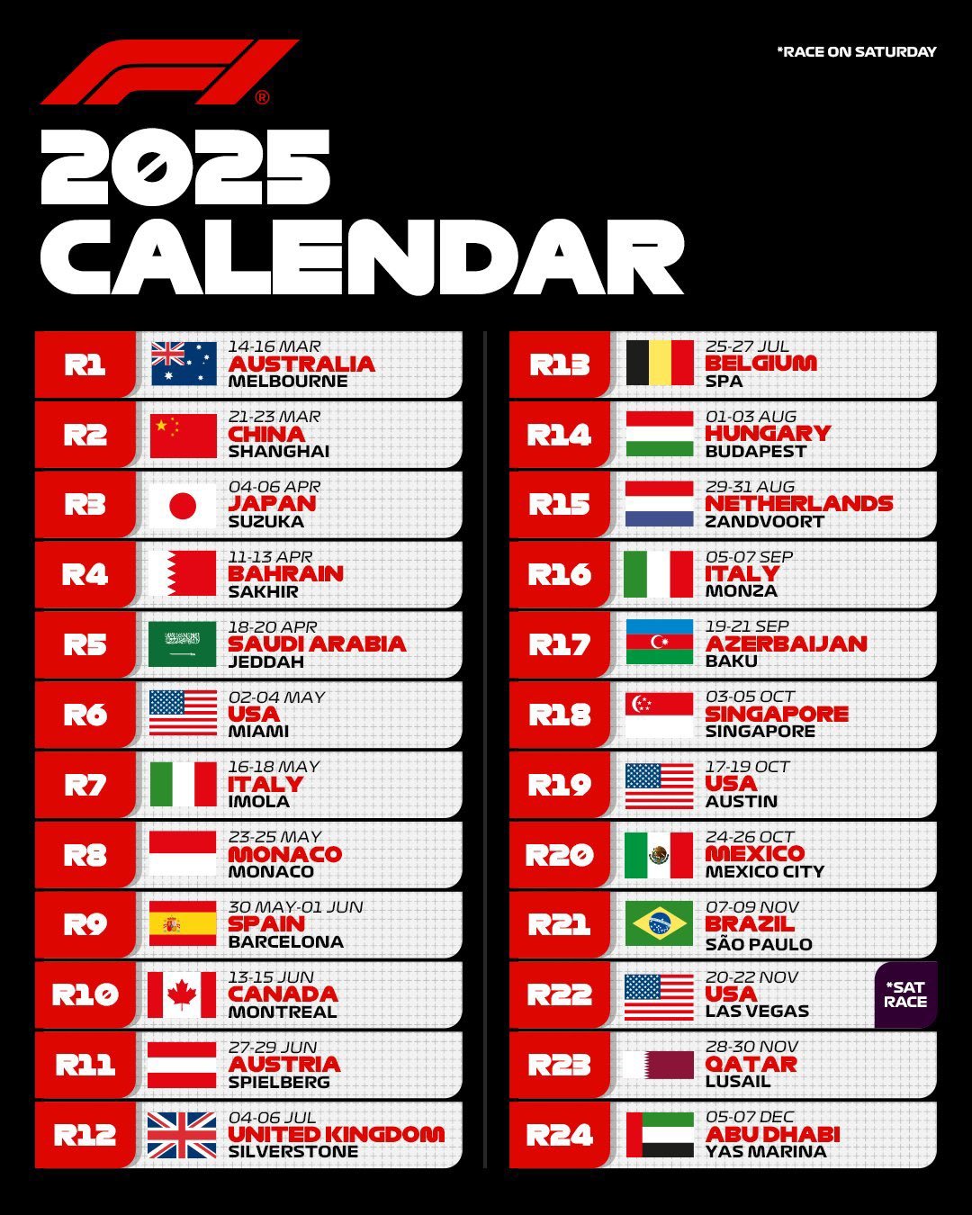 La F1 hace oficial su calendario para la prxima temporada: el GP de Mxico, del 24 al 26 de octubre de 2025