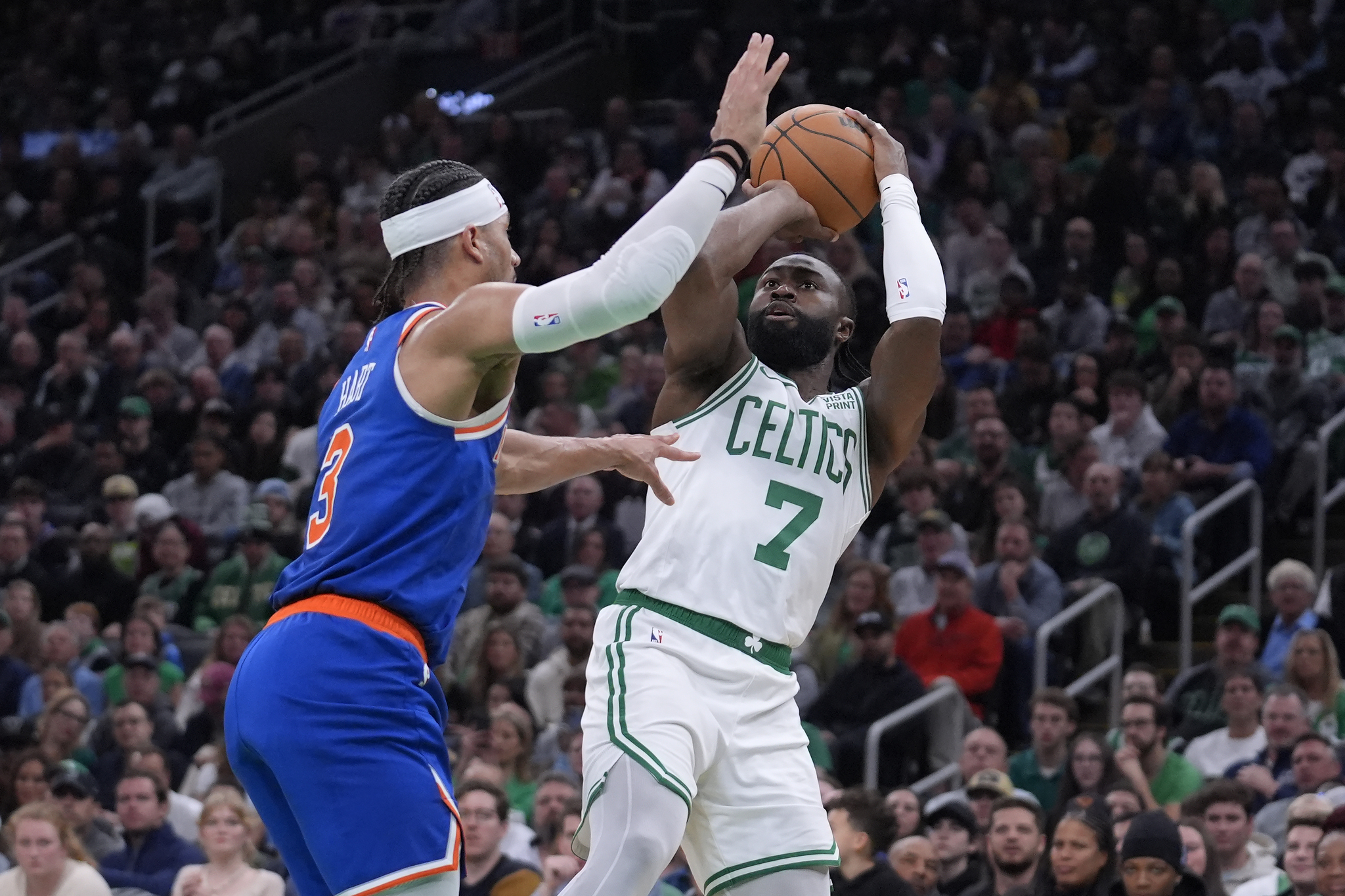 Boston Celtics guard Jaylen Brown looks to shoot against New York Knicks guard Josh Hart