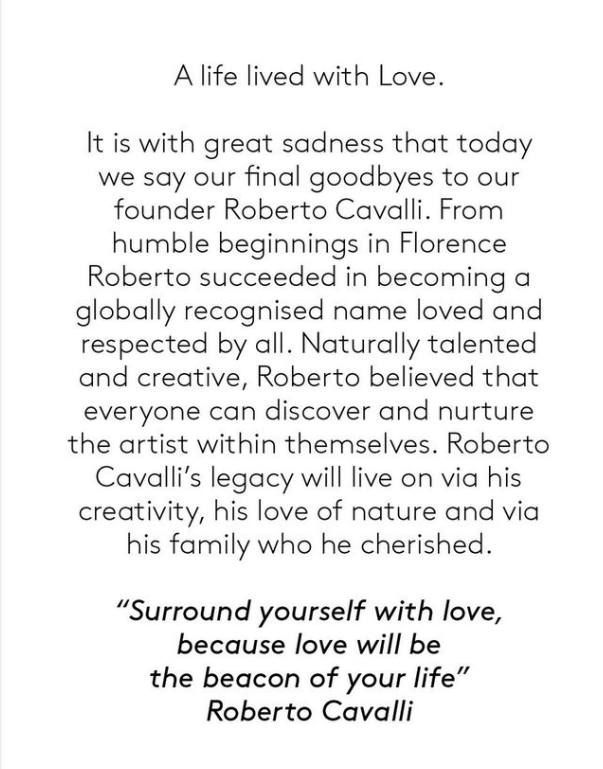 Morreu o estilista italiano Roberto Cavalli aos 83 anos