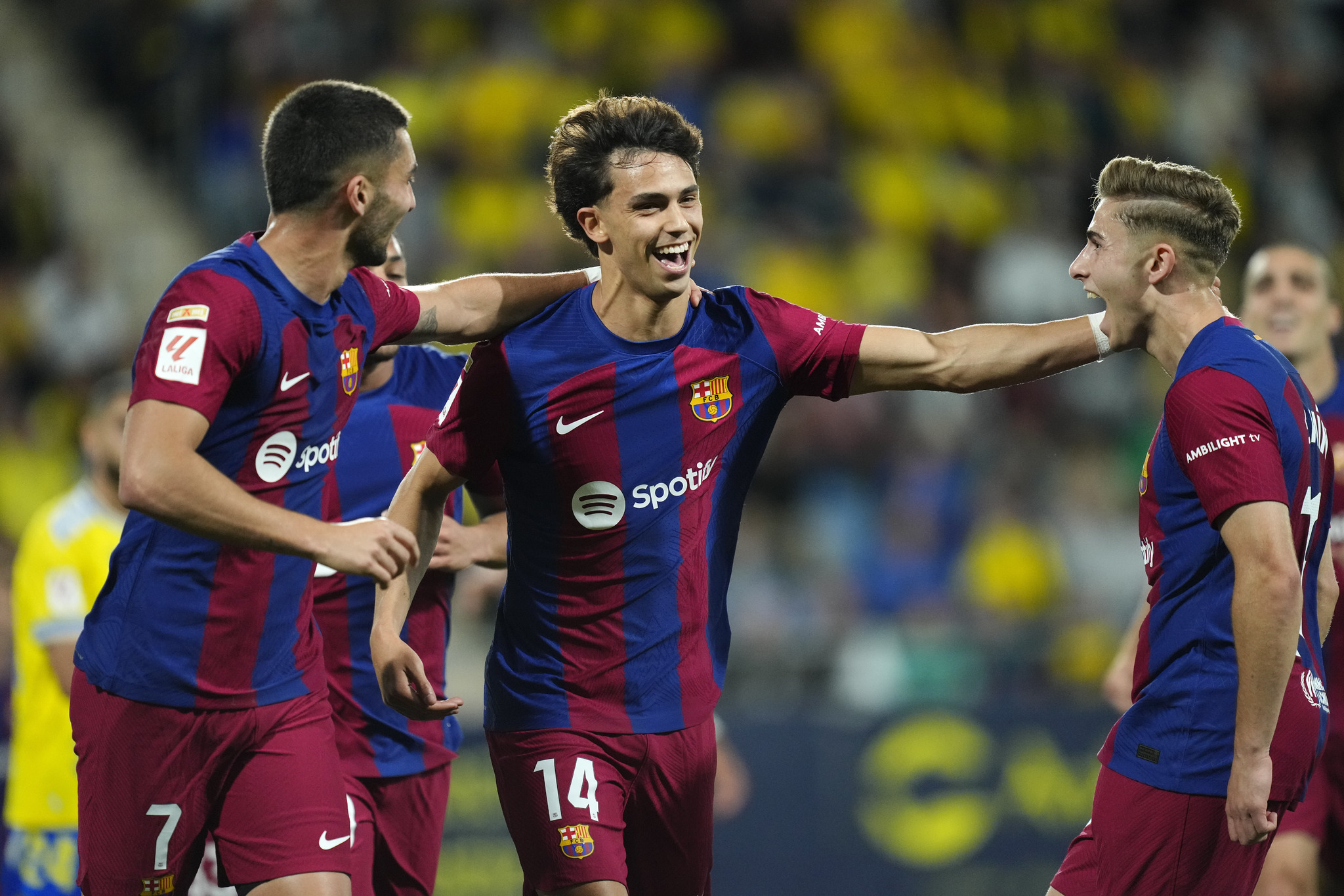 Joao Felix celebrates after scoring the opening goal for Barcelona