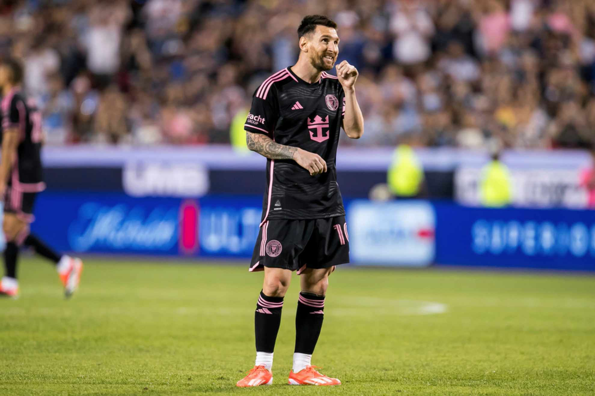 Lionel Messi reacts during the first half of an MLS soccer match against Sporting Kansas City