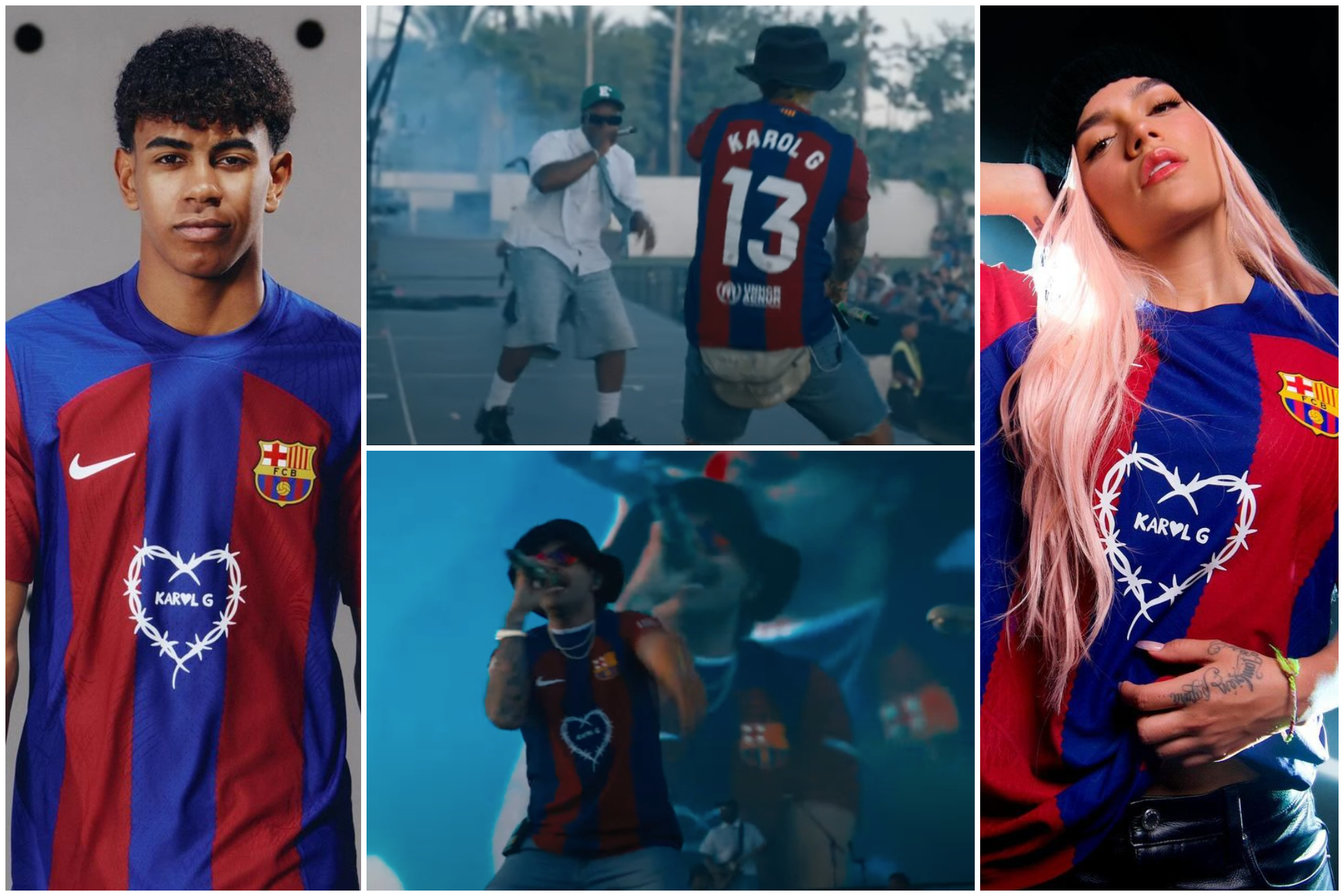 Feid se adelant y luci camista especial del Barcelona y Karol X (Instagram: Barcelona - YouTube: Coachella)