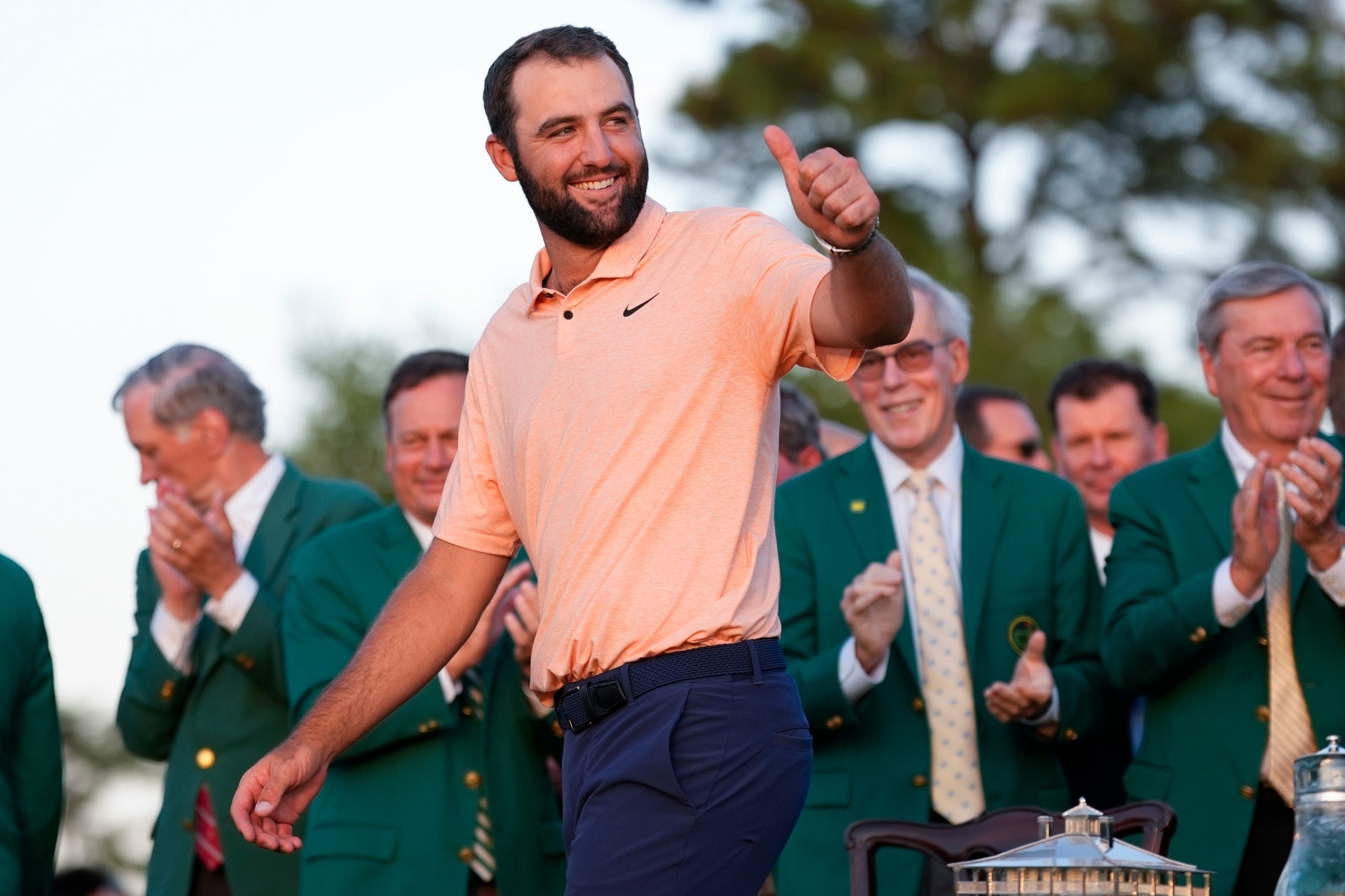 Scottie Scheffler arrives for the green jacket ceremony after winning the Masters golf tournament at Augusta National Golf Club