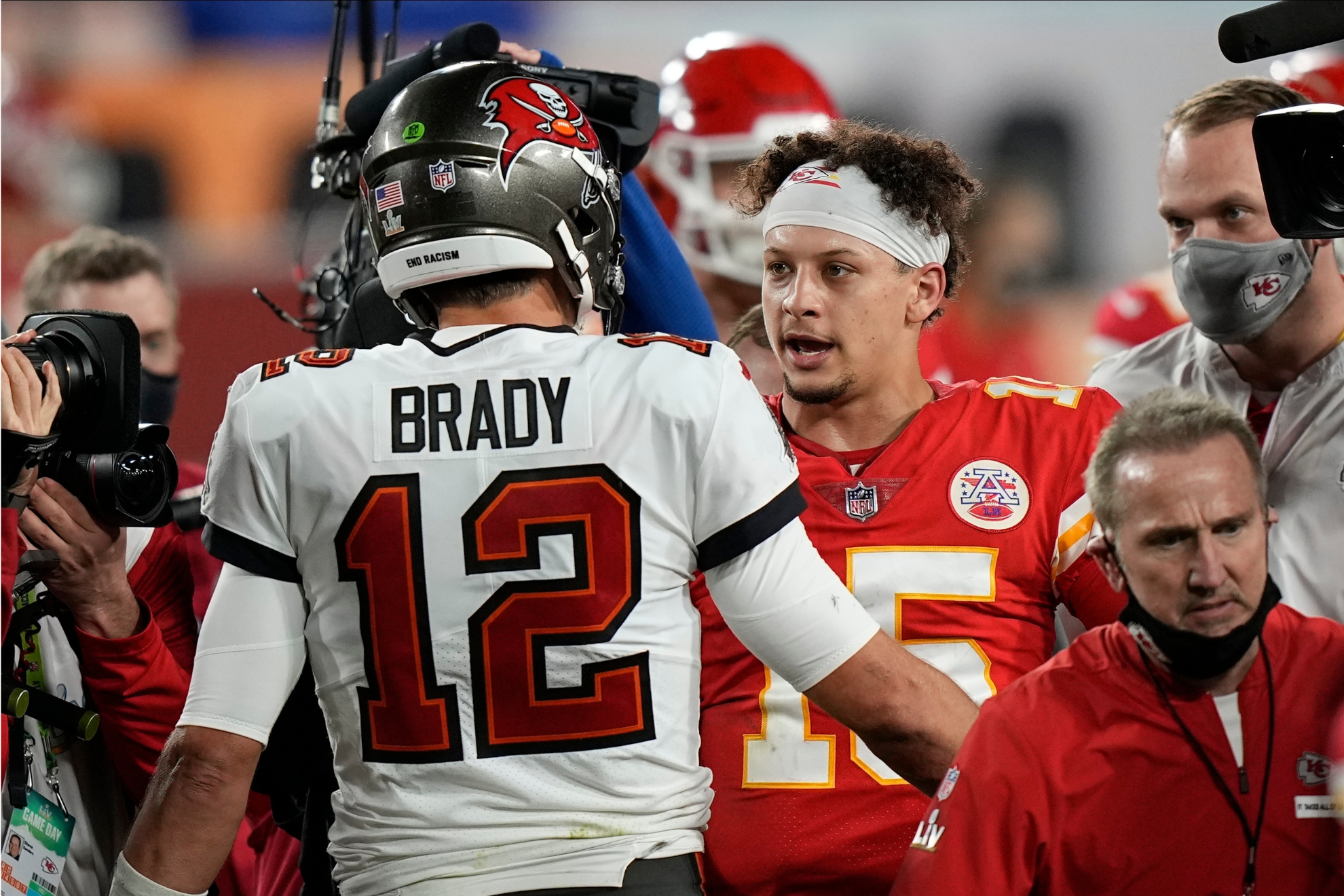 Tom Brady and Patrick Mahomes after the Super Bowl.