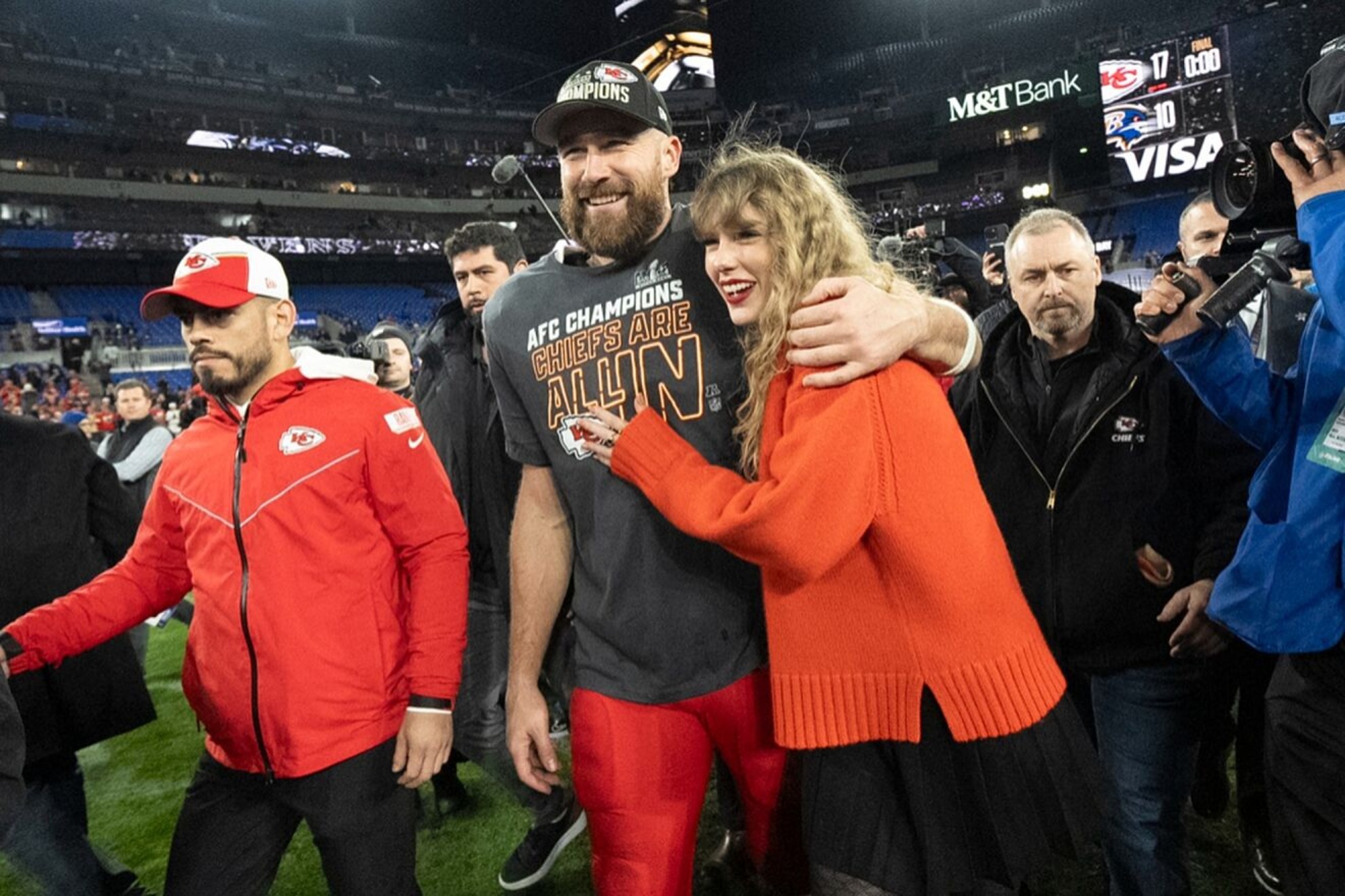 Travis Kelce and Taylor Swift after the NFLs AFC Championship