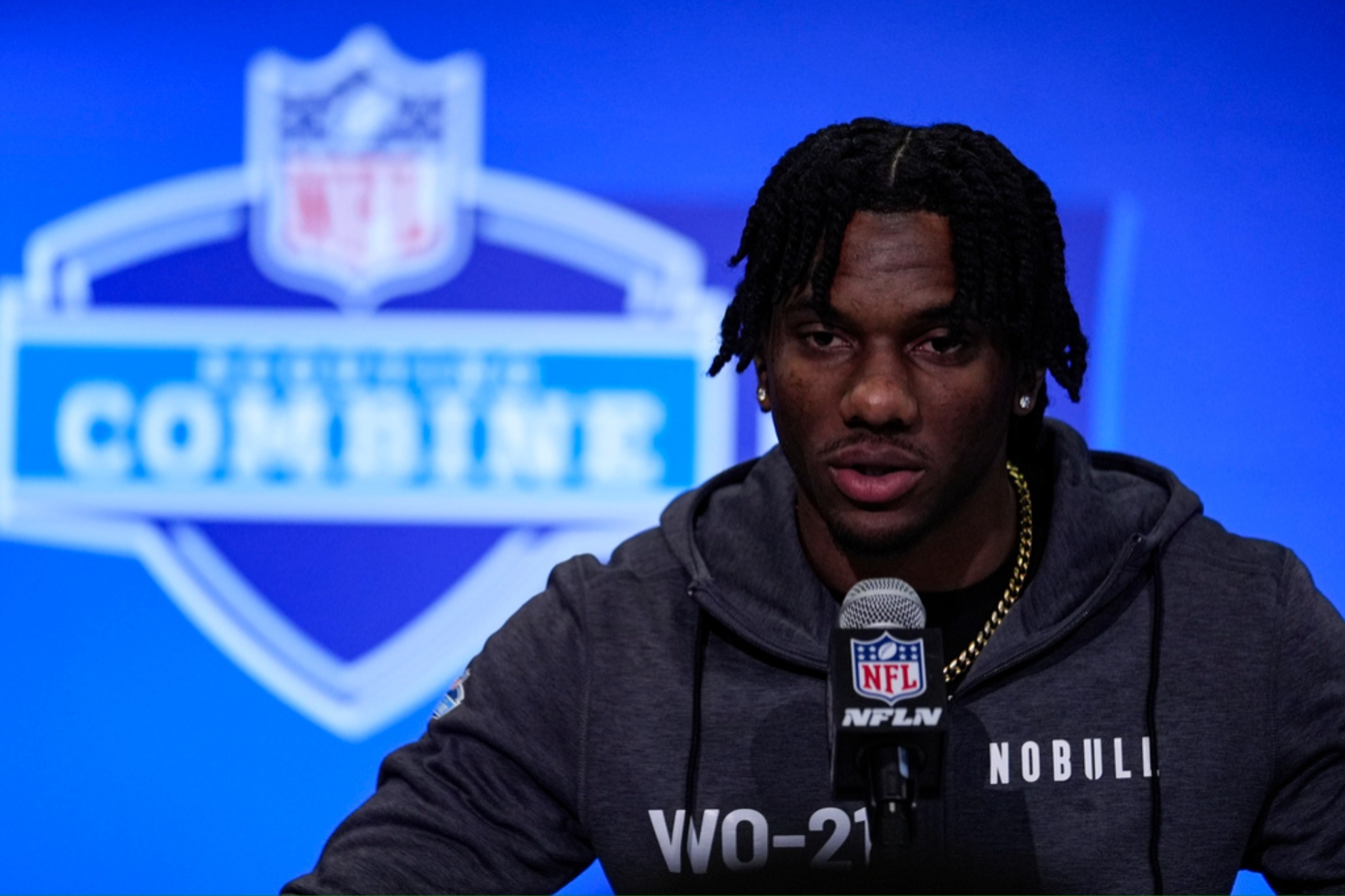 Malik Nabers speaks during a press conference at the NFL football scouting combine.