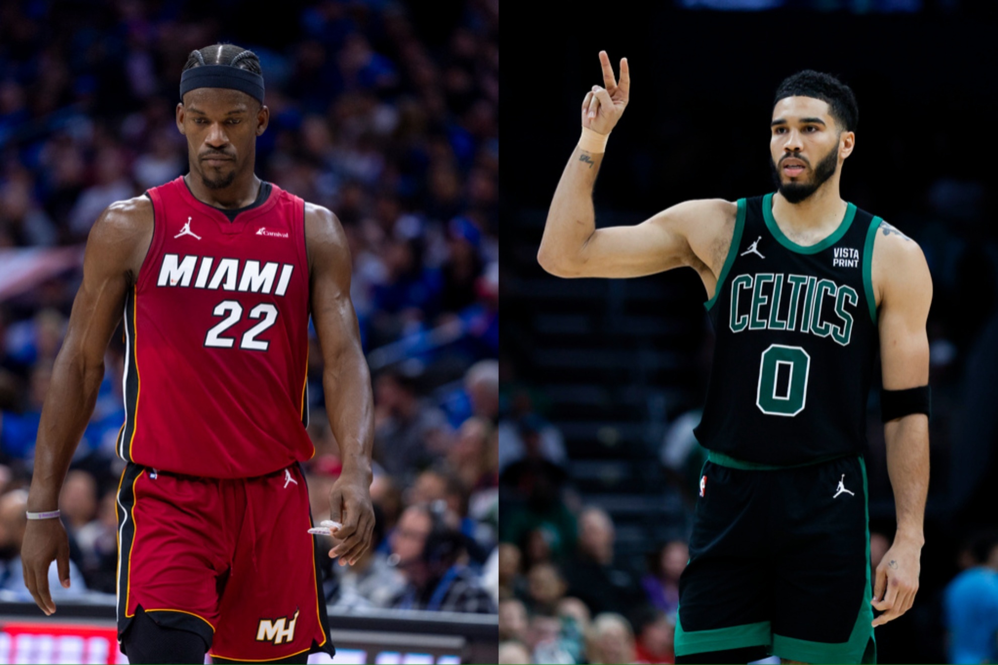 Jimmy Butler (L) and the Heat will visit Jayson Tatum and his Celtics this Sunday.