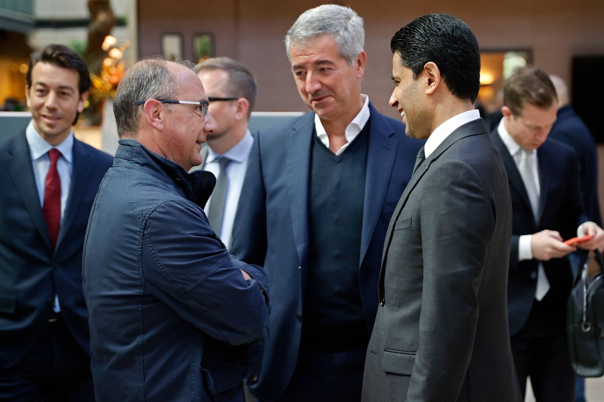 Nasser al Khelaifi, Miguel ngel Gil y Juan Ignacio Gallardo, en el evento organizado por la ECA en Madrid.