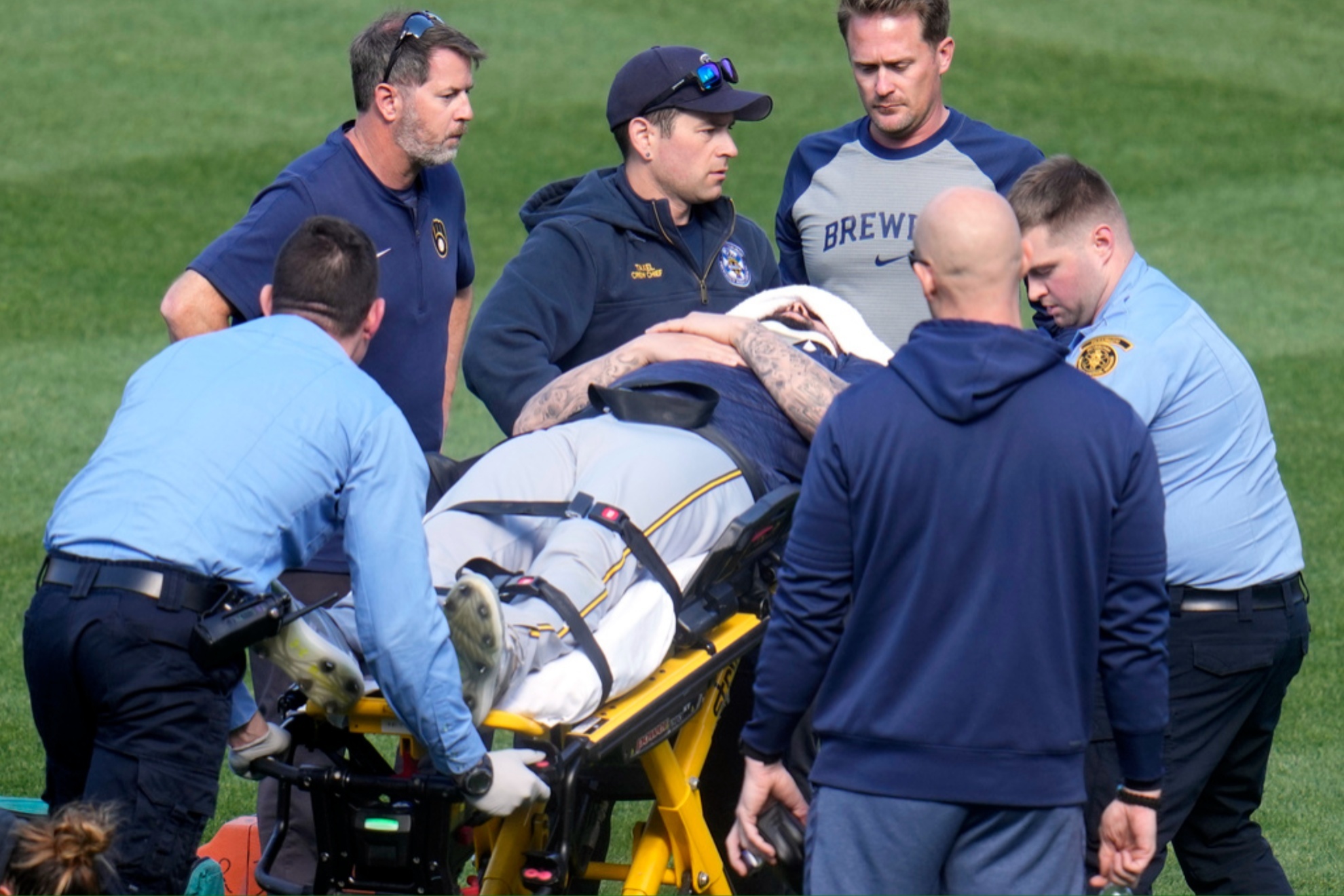 The Brewers pitcher was taken to a local hospital after being hit by a pitch on Monday
