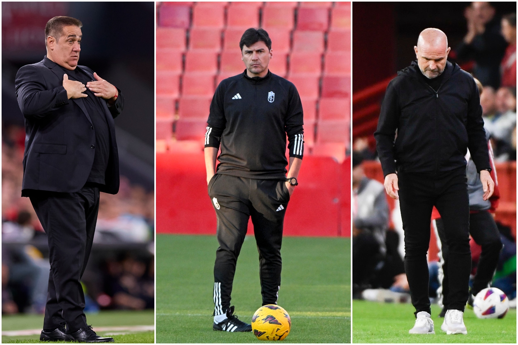 Sandoval, Medina y Paco Lpez, los tres entrenadores del Granada esta temporada.