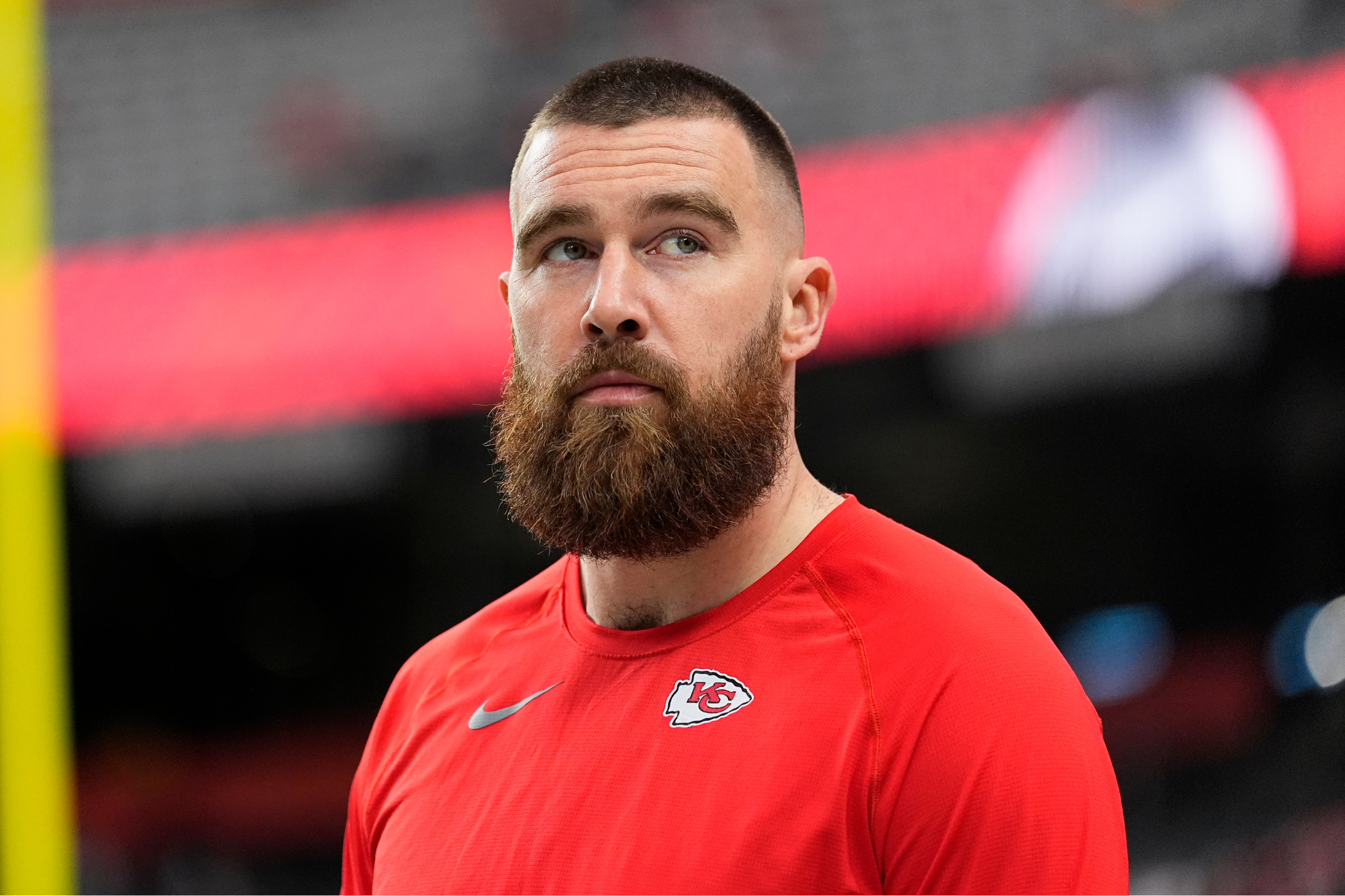 Travis Kelce warms up before a Kansas City Chiefs game.