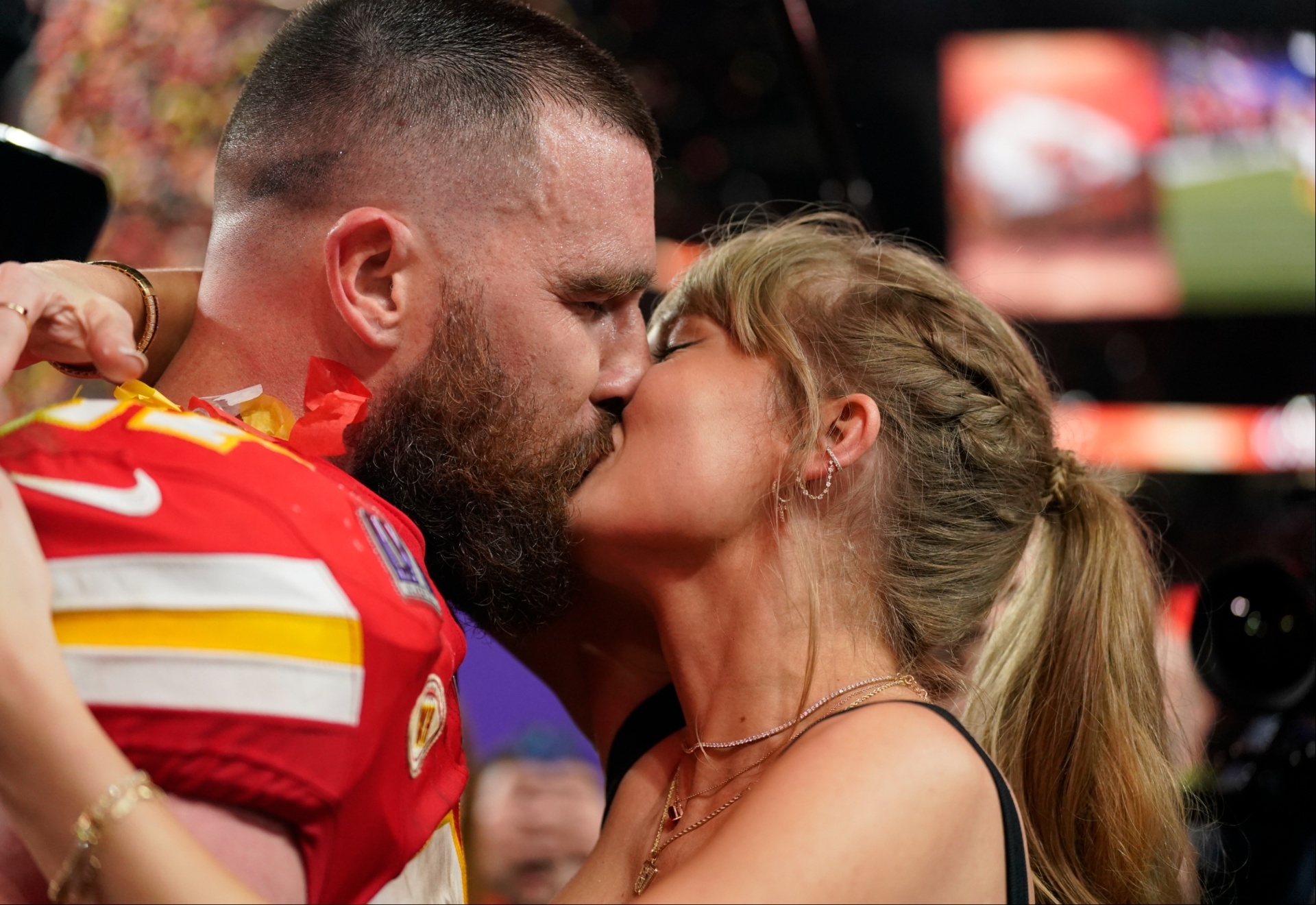 Travis Kelce and Taylor Swift after the Chiefs won the Super Bowl in February.