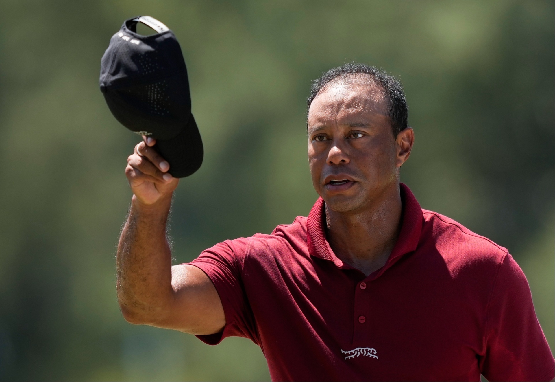 Tiger Woods waves after the final round of the Augusta Masters 2024.