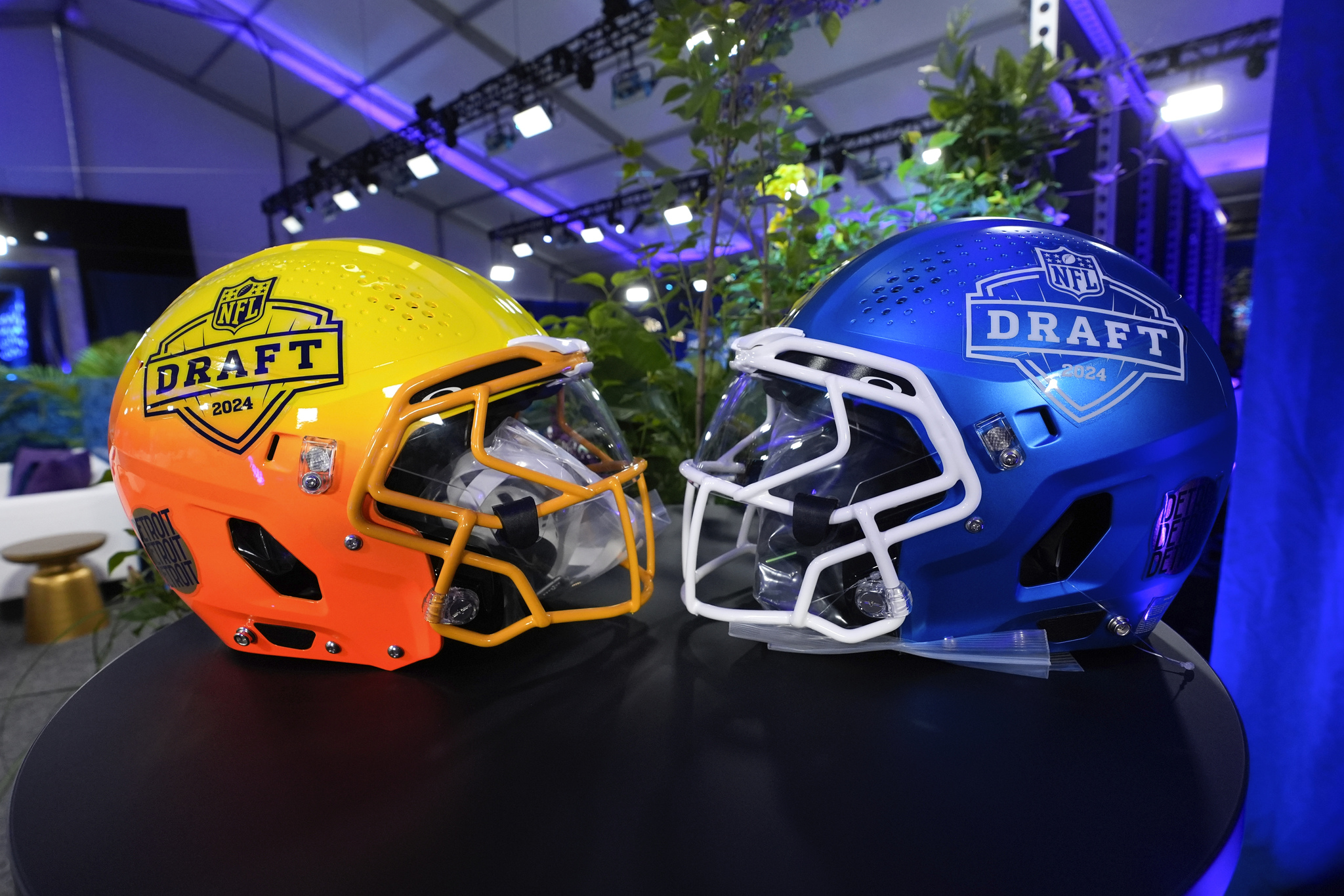 Helmets are displayed in the NFL Draft green room