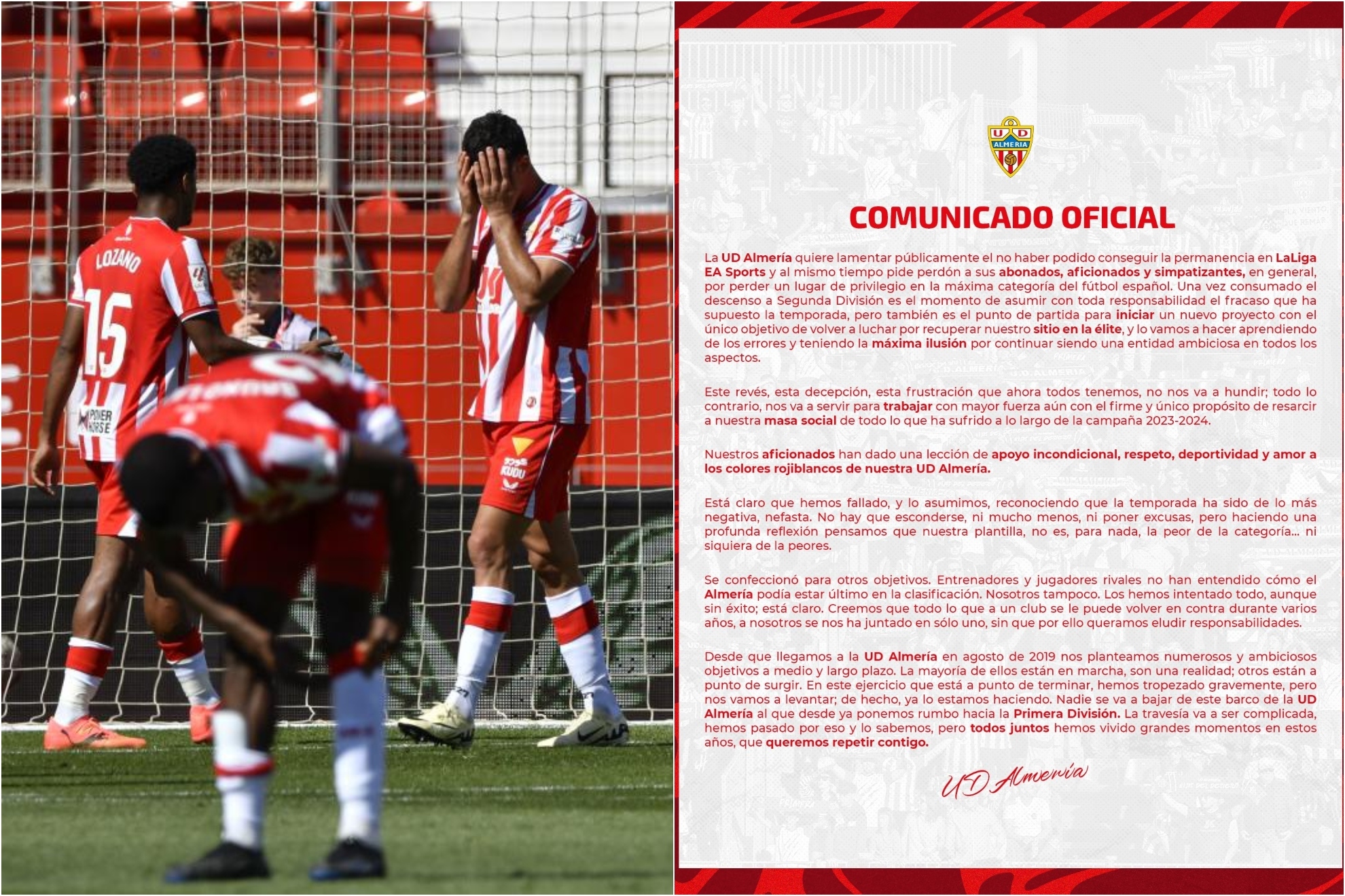 Un montaje con una imagen de los jugadores del Almer�a lament�ndose y otra del comunicado del club.