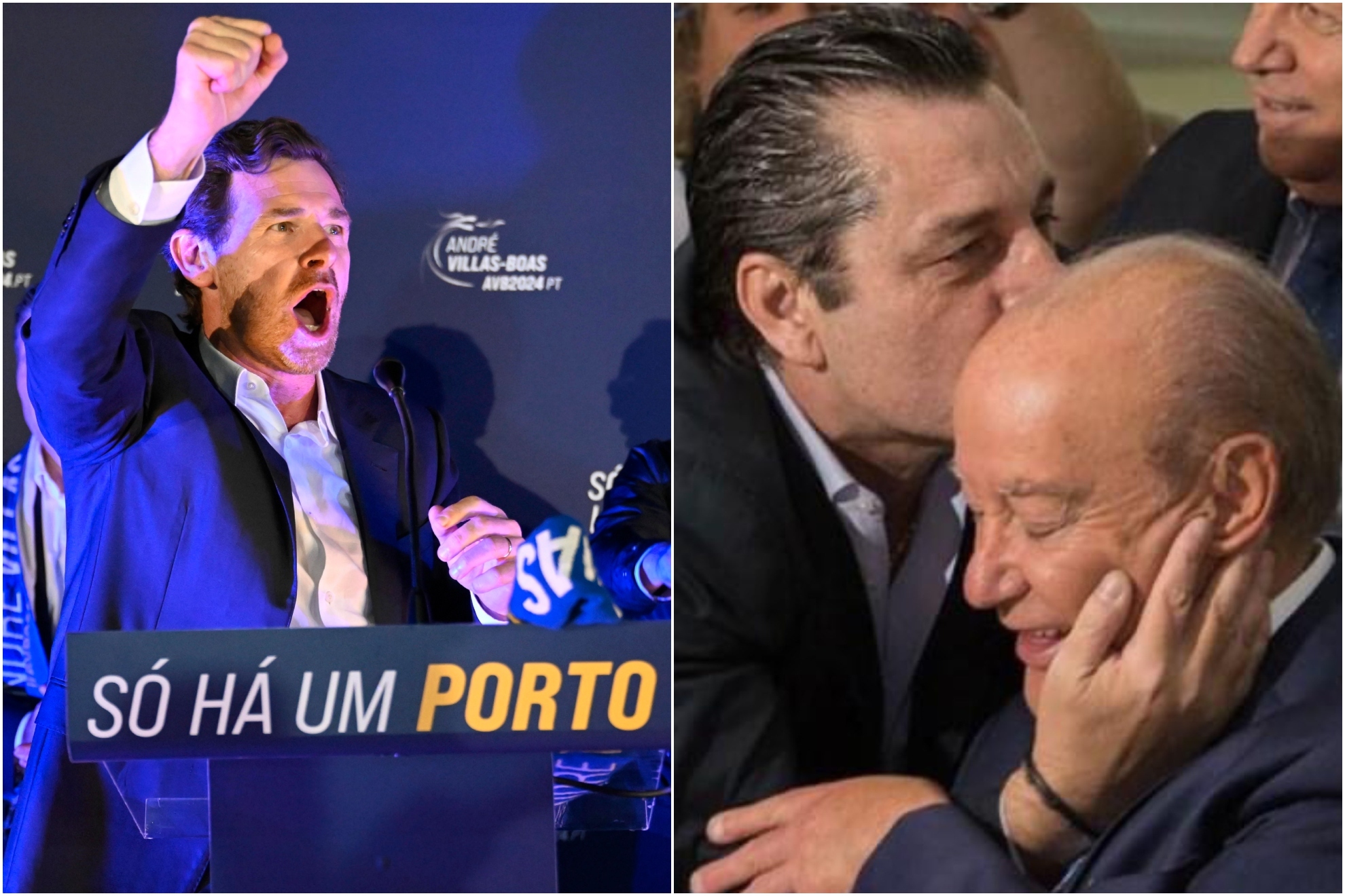 A la izquierda, Villas-Boas celebra la victoria en las elecciones. A la derecha, Futre besa a Pinto da Costa.