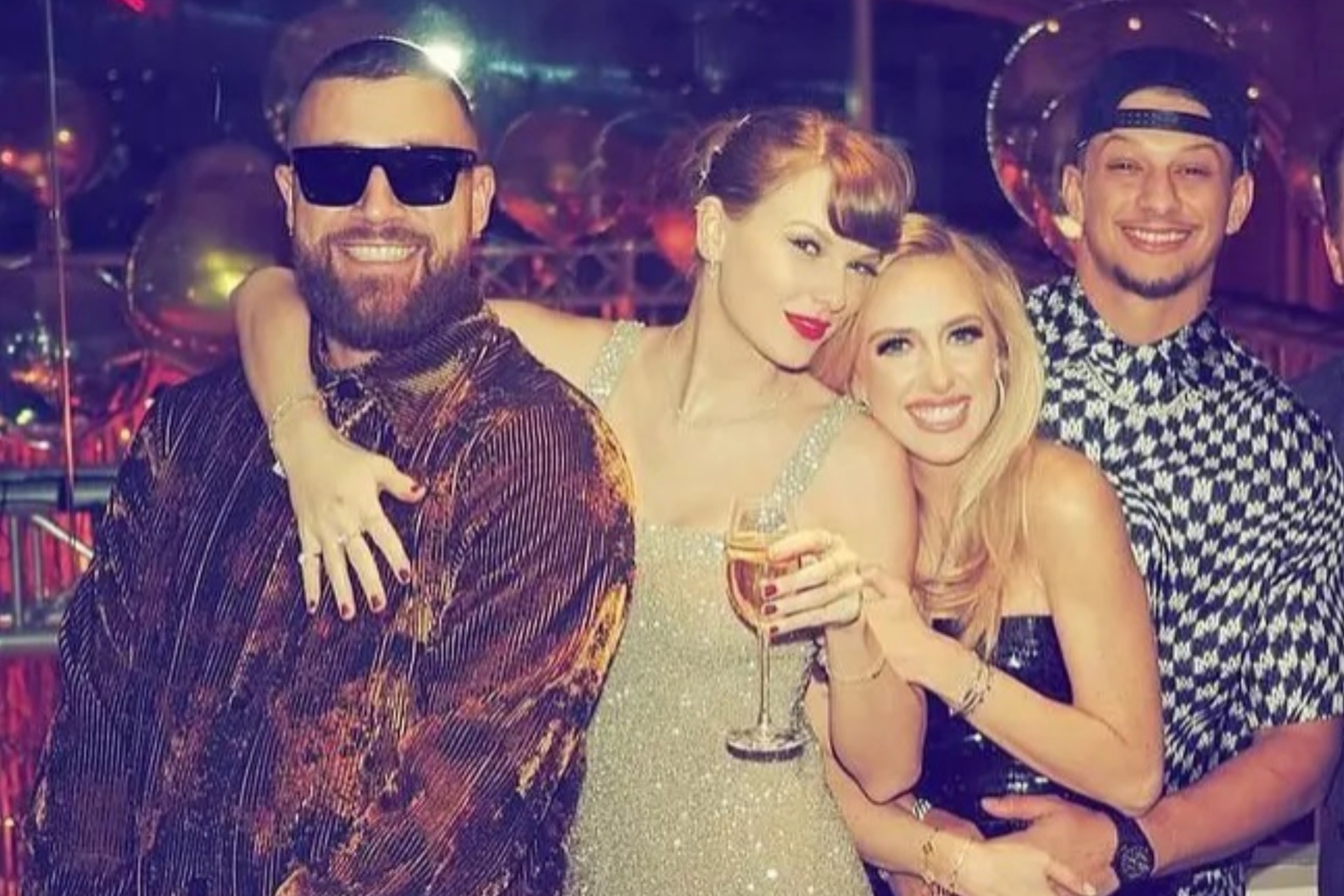 From left: Travis Kelce, Taylor Swift, Brittany Mahomes, and Patrick Mahomes partying in Las Vegas.