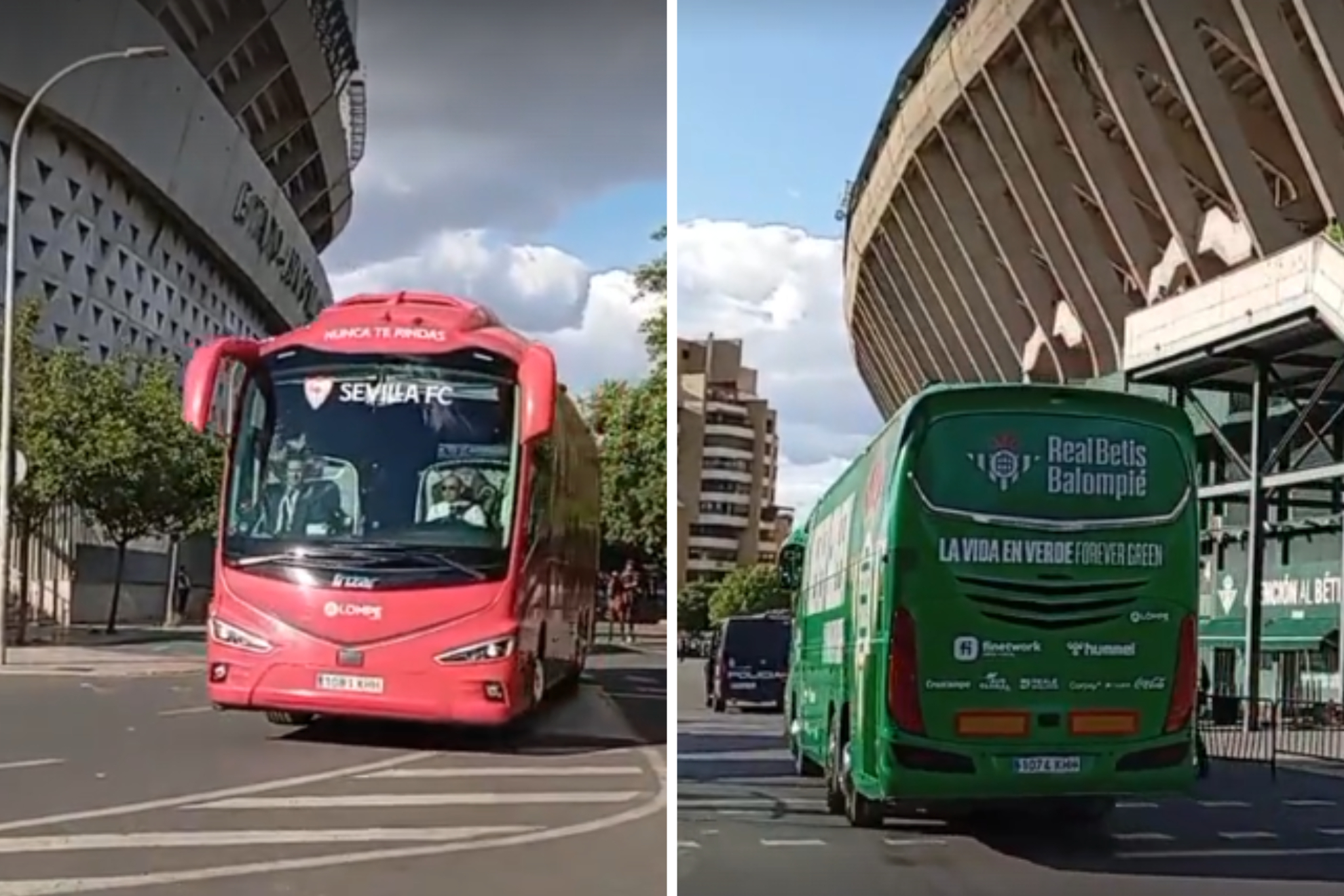 As fue la llegada de los autobuses de Betis y Sevilla al Benito Villamarn