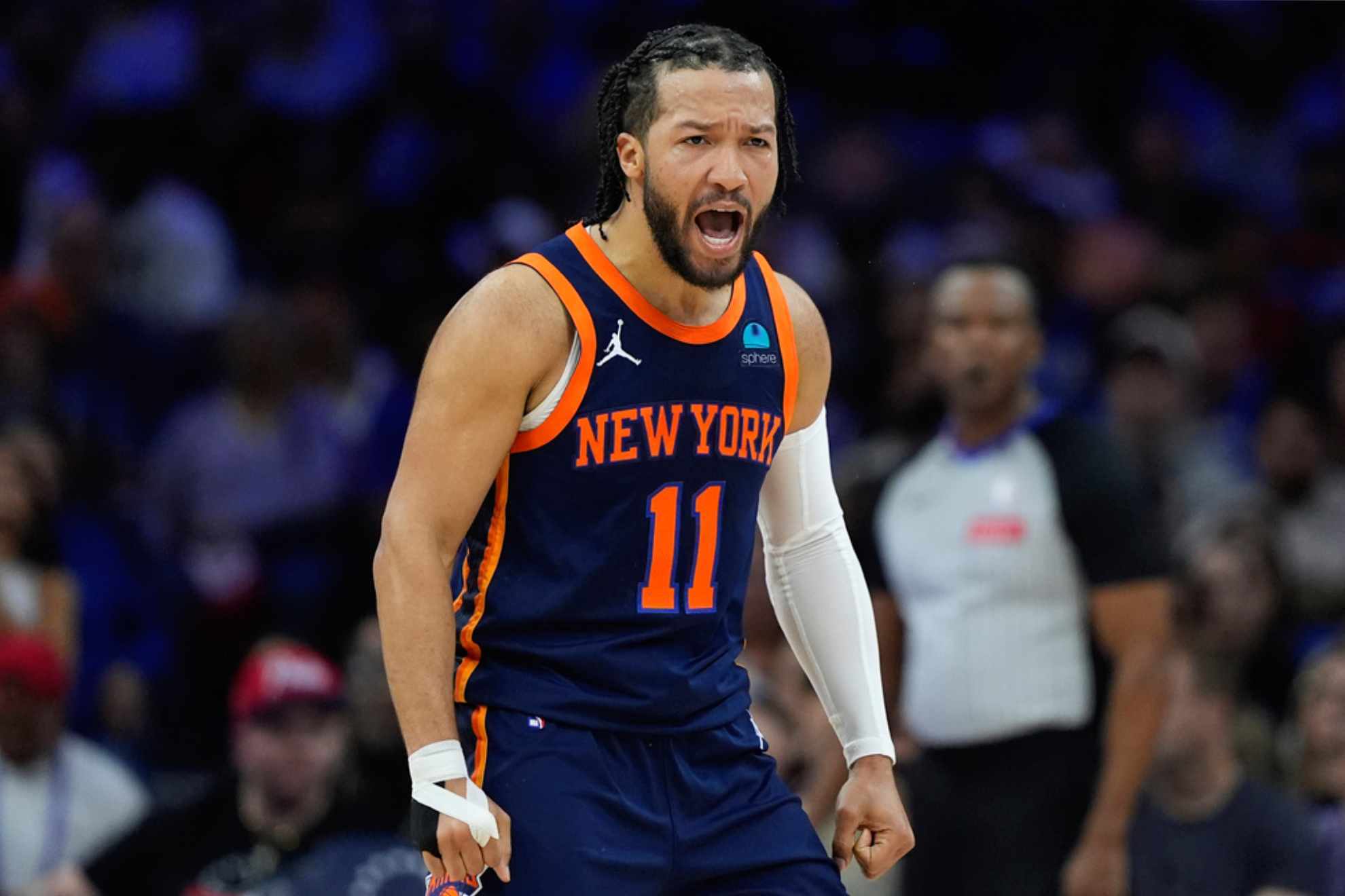 Jalen Brunson reacts during the first half of Game 4 against the Philadelphia 76ers /