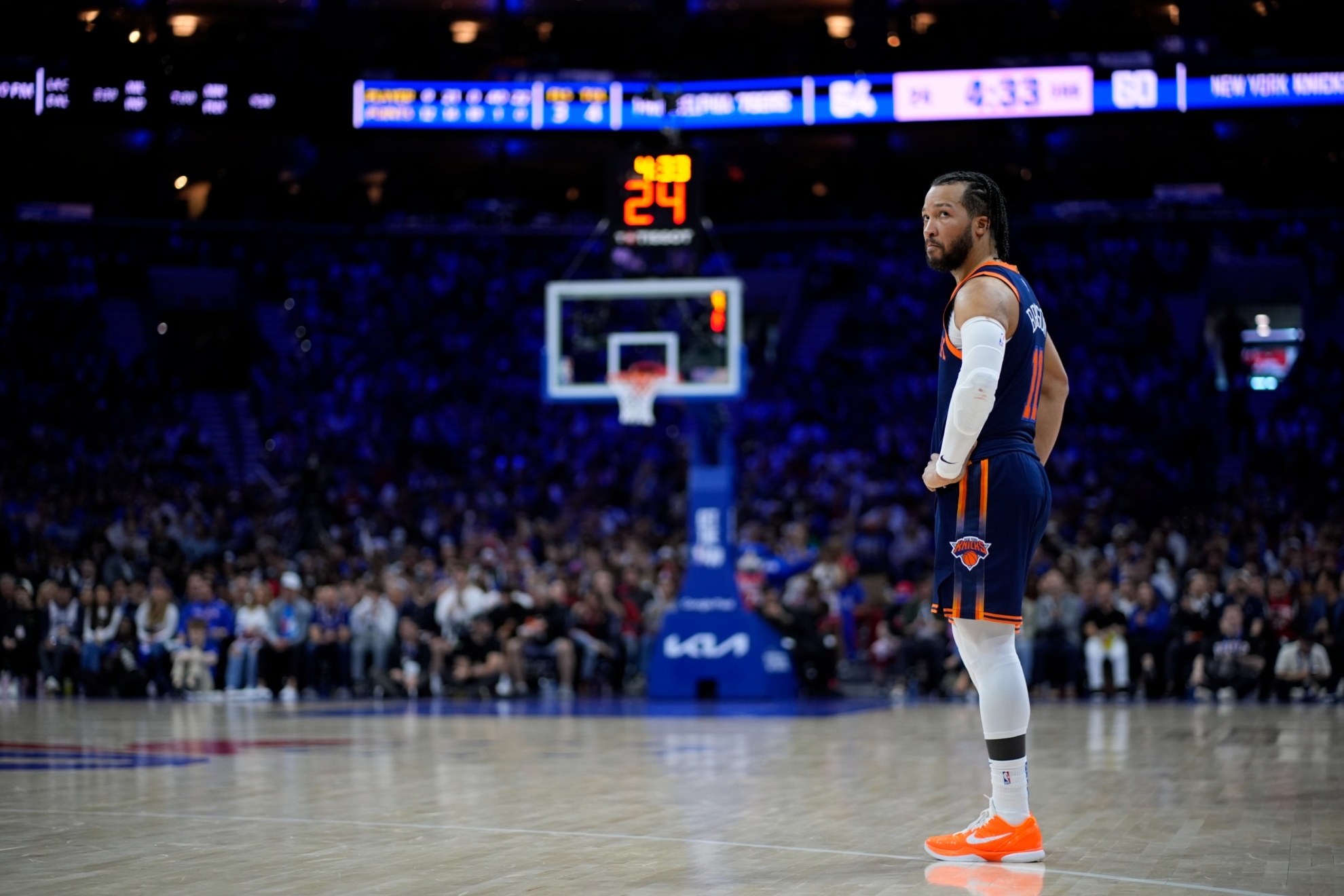 New York Knicks Jalen Brunson plays during Game 4 in an NBA basketball first-round playoff series, Sunday, April 28, 2024, in Philadelphia. (AP Photo/Matt Slocum)