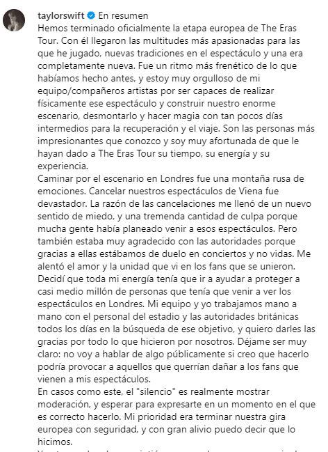 Taylor Swift explica su silencio tras la amenaza terrorista en sus conciertos de Viena: "Sensación de miedo y culpa"