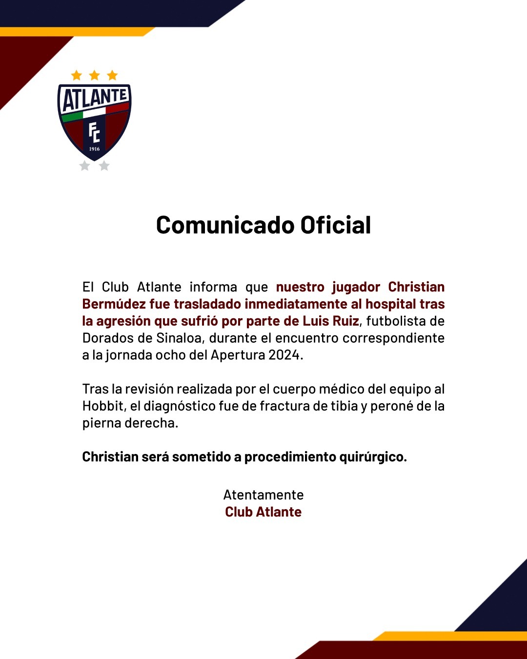Comunicado oficial del Atlante sobre la lesión del 'Hobbit' Bermúdez