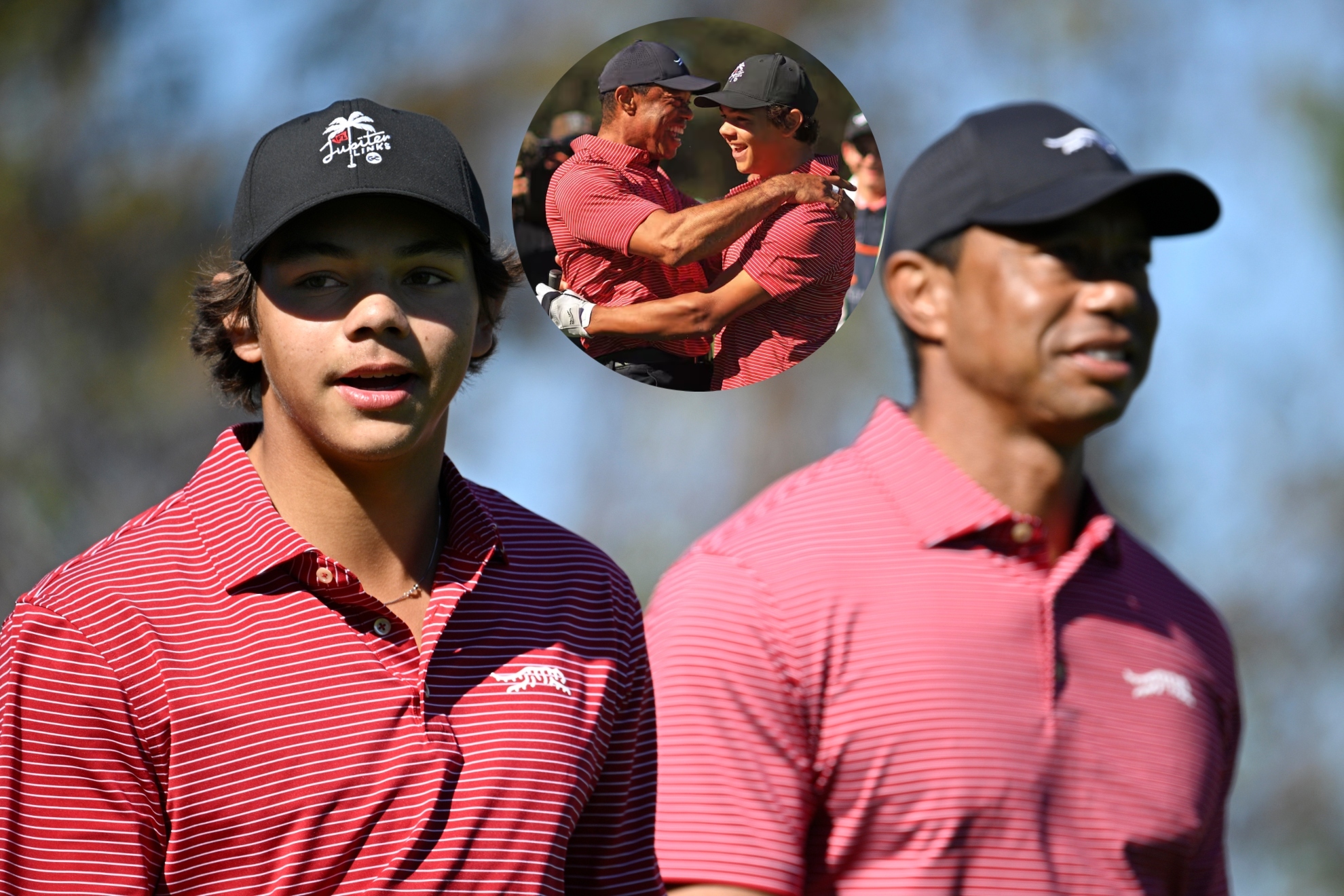 Charlie y Tiger Woods durante la segunda jornada del PNC Championship.