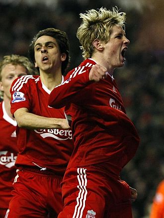 Fernando Torres celebrando un gol con el Liverpool