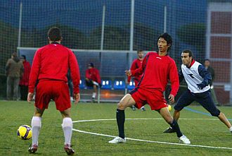 Los jugadores del Girona durante un entrenamiento.