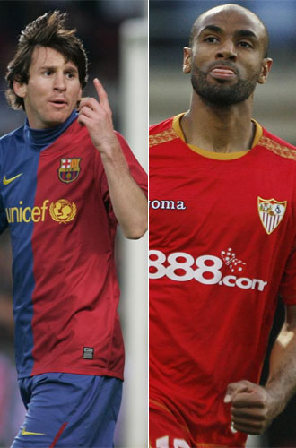 Messi y Kanouté, cara a cara.