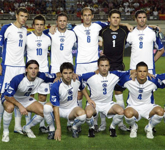 Seleccin de Bosnia-Herzegovina, en el partido contra Espaa de clasificacin para el Mundial de Sudfrica disputado en La Nueva Condomina