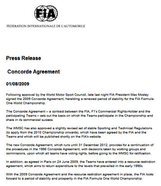 El Acuerdo de la Concordia lleva la Paz a la F1.